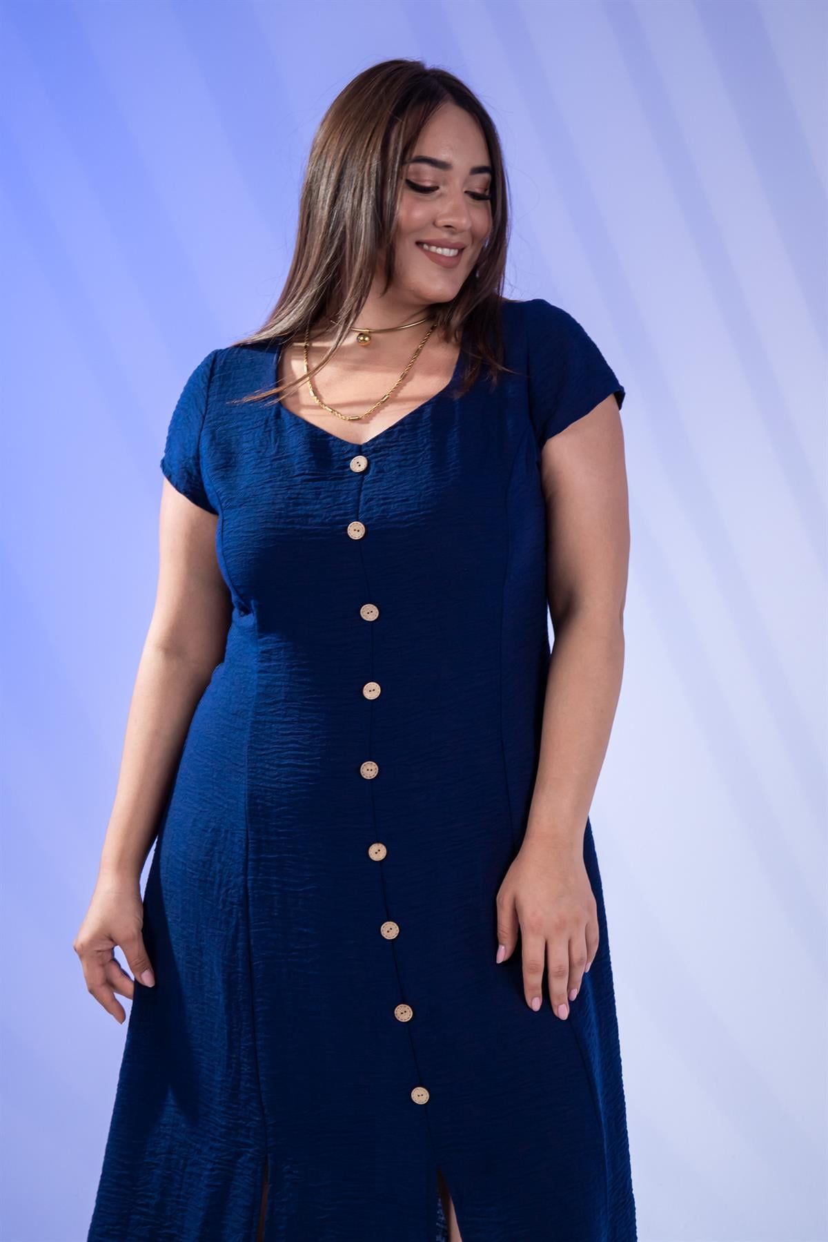 Büyük Beden 111975 Düğmeli Yırtmaçlı Elbise  Lacivert