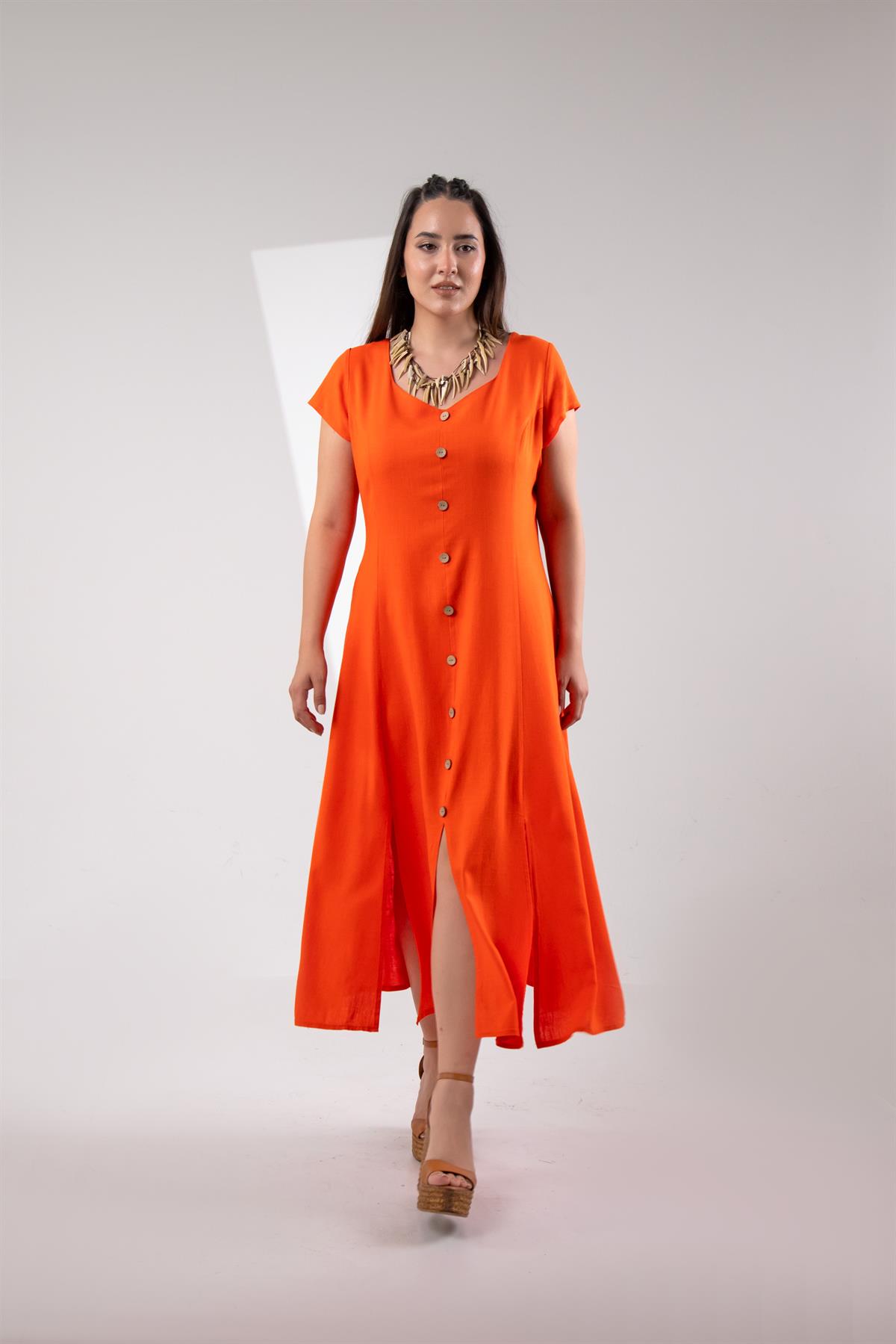 Büyük Beden 111975 Düğmeli Yırtmaçlı Elbise  Turuncu