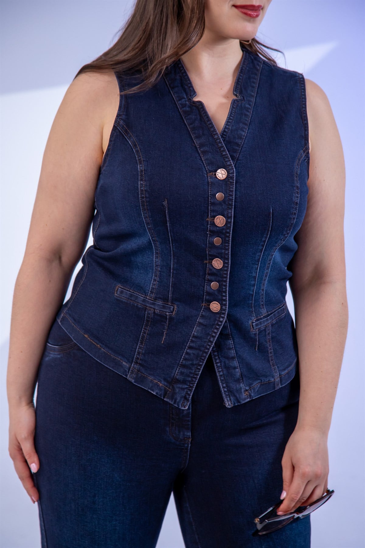 Büyük Beden 112063 Cep Detaylı Denim Yelek  Marsala