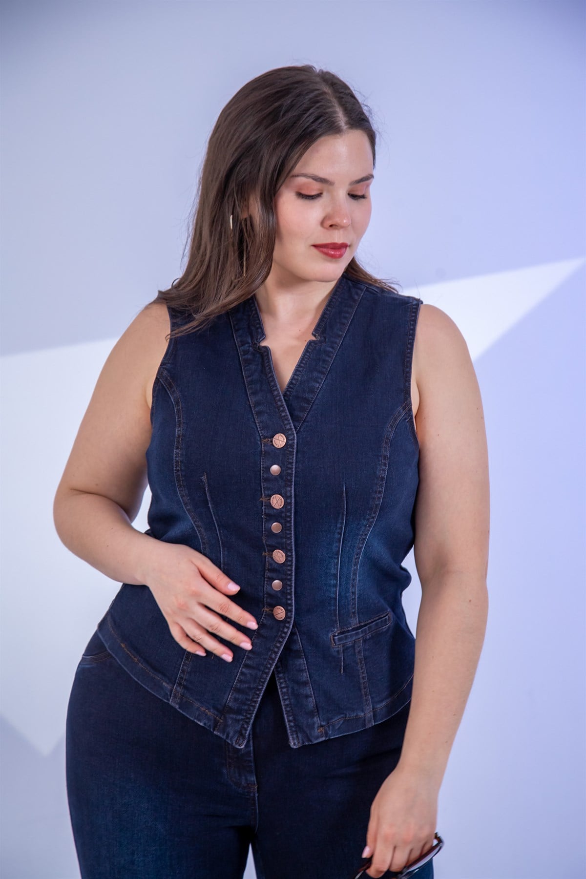 Büyük Beden 112063 Cep Detaylı Denim Yelek  Marsala