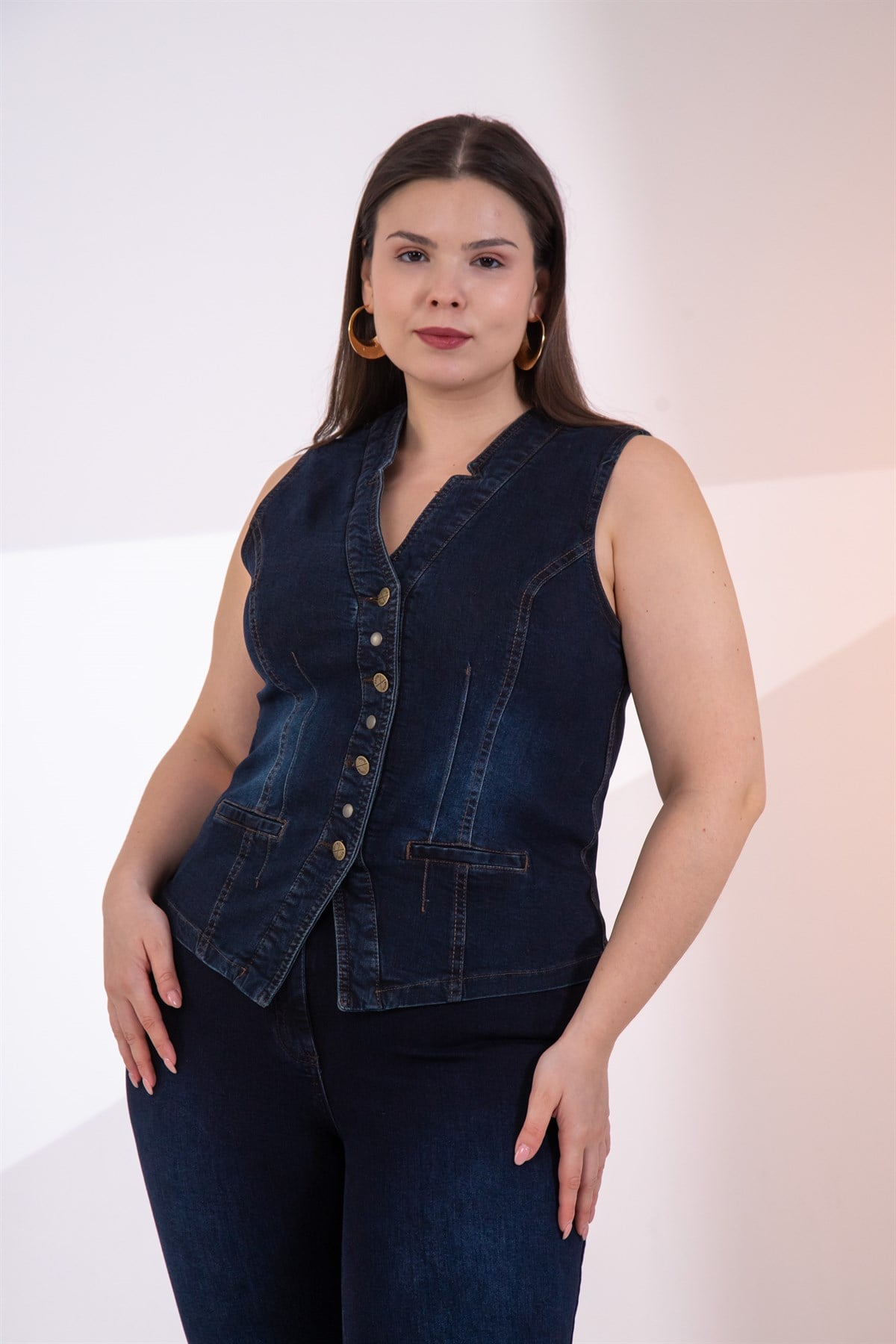 Büyük Beden 112063 Cep Detaylı Denim Yelek  Tobacco