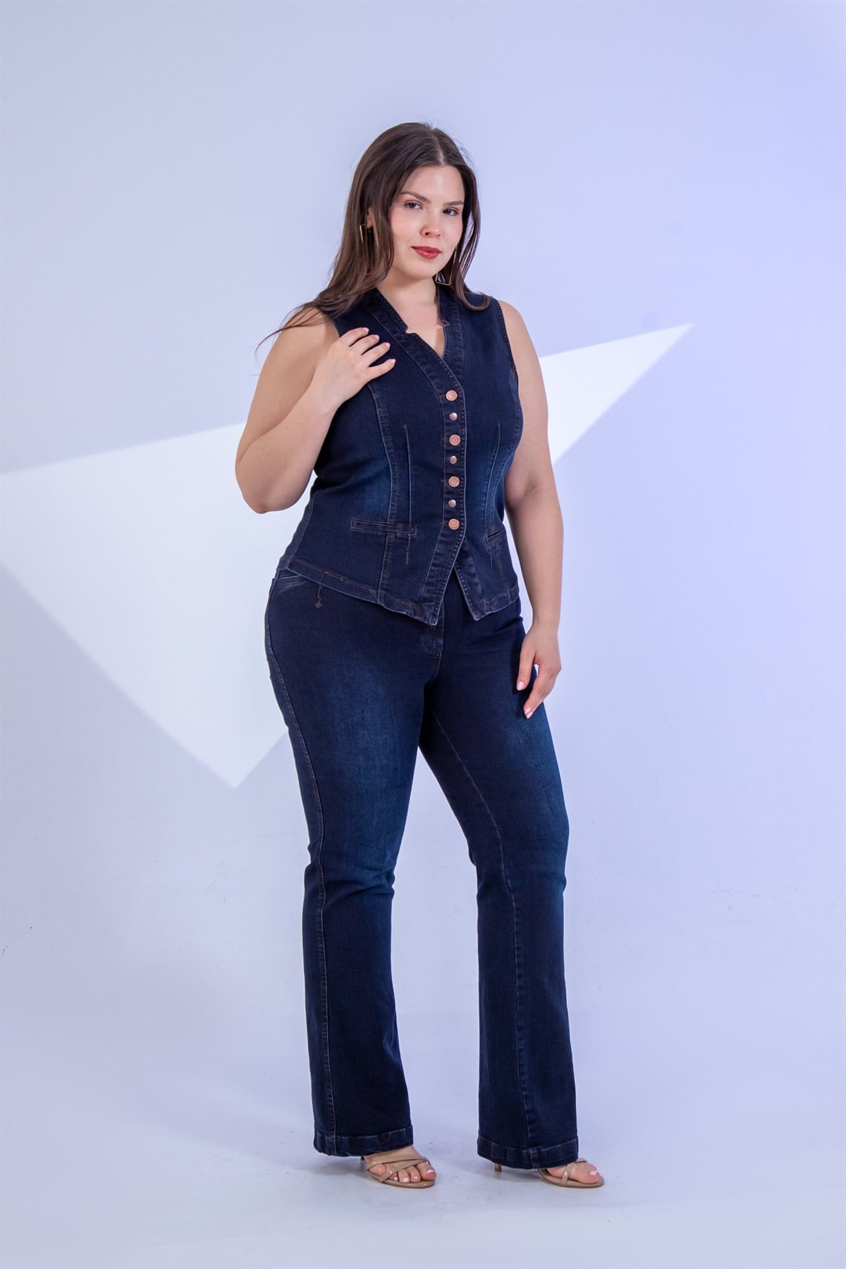 Büyük Beden 112063 Cep Detaylı Denim Yelek  Marsala