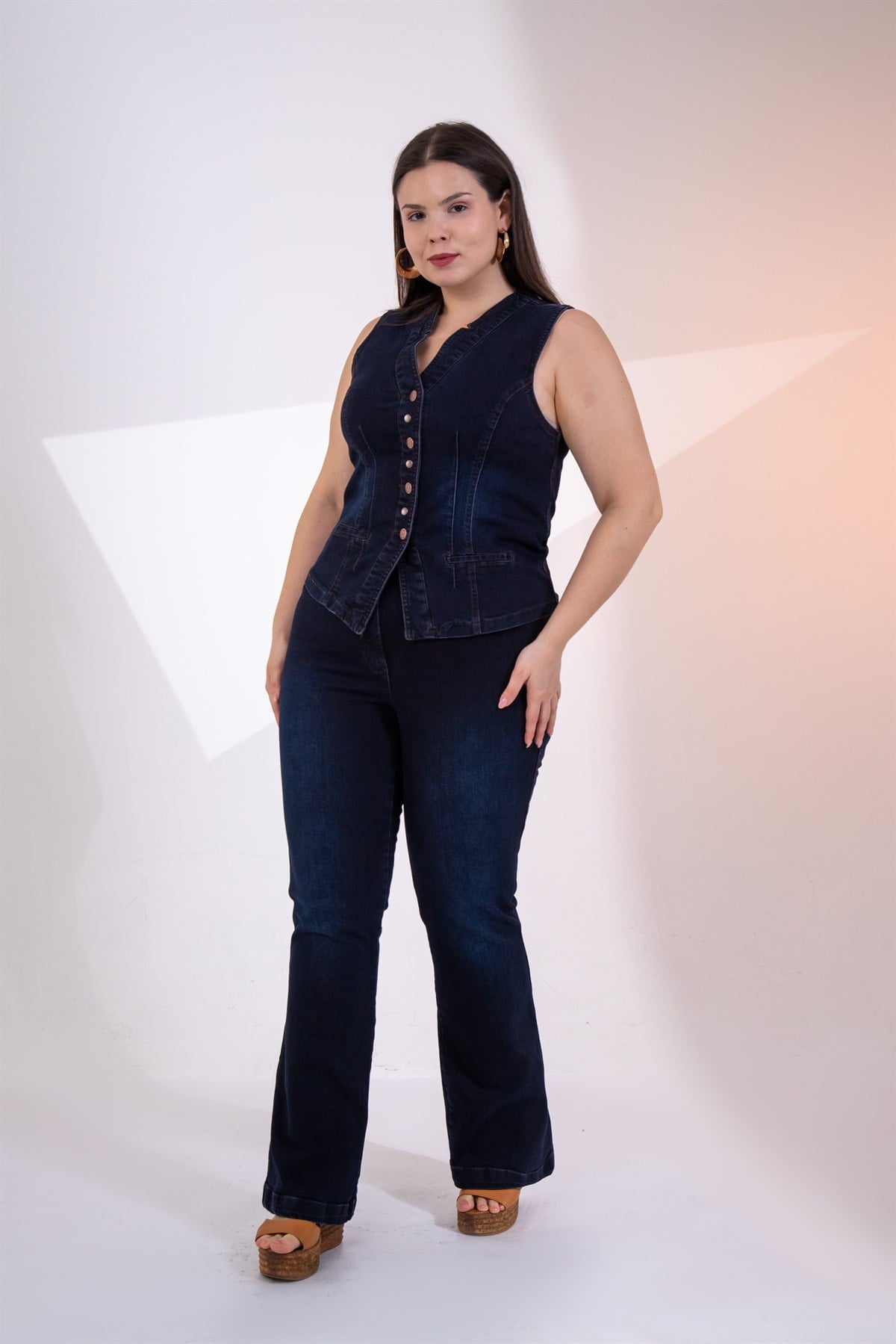 Büyük Beden 112063 Cep Detaylı Denim Yelek  Tobacco
