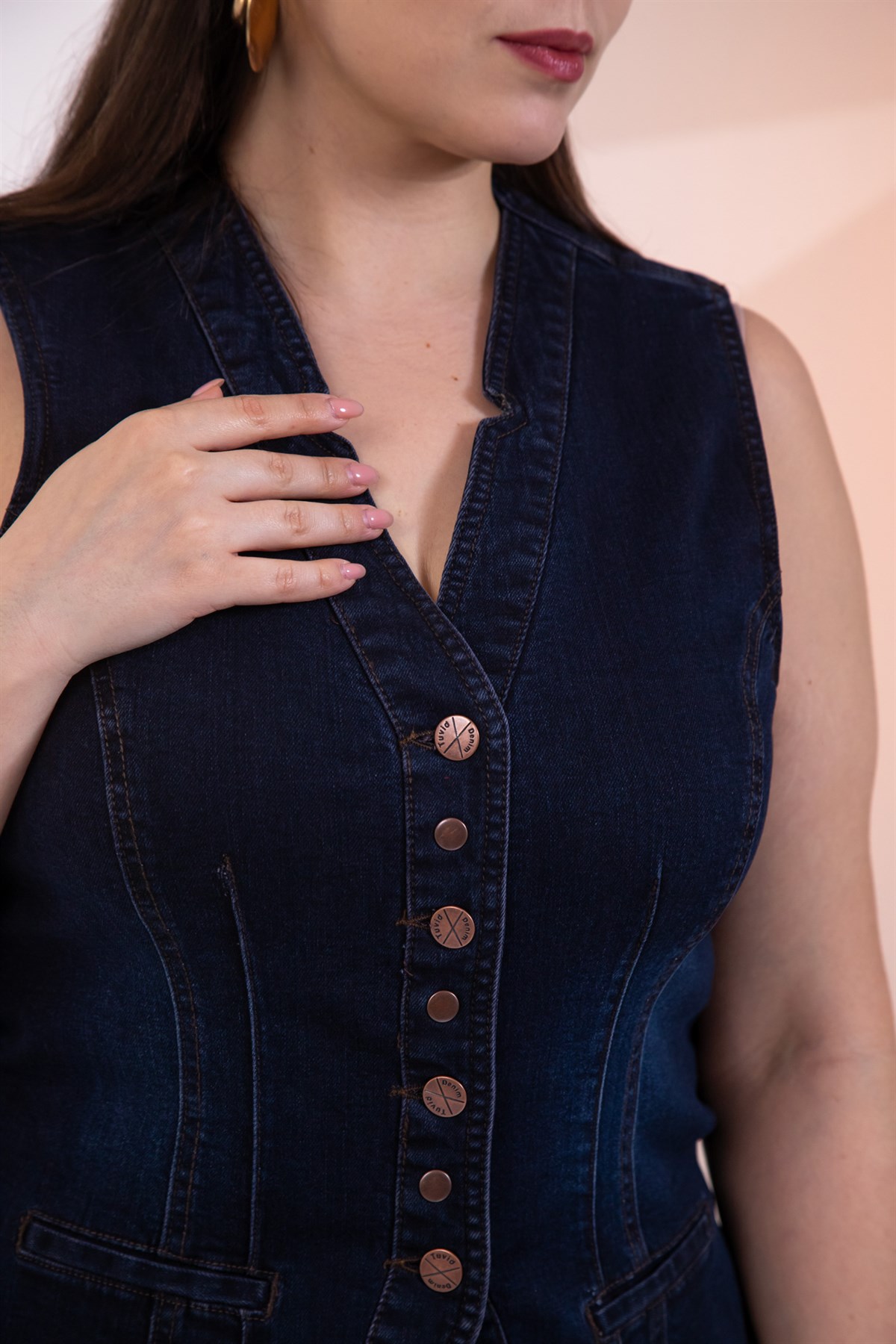 Büyük Beden 112063 Cep Detaylı Denim Yelek  Tobacco