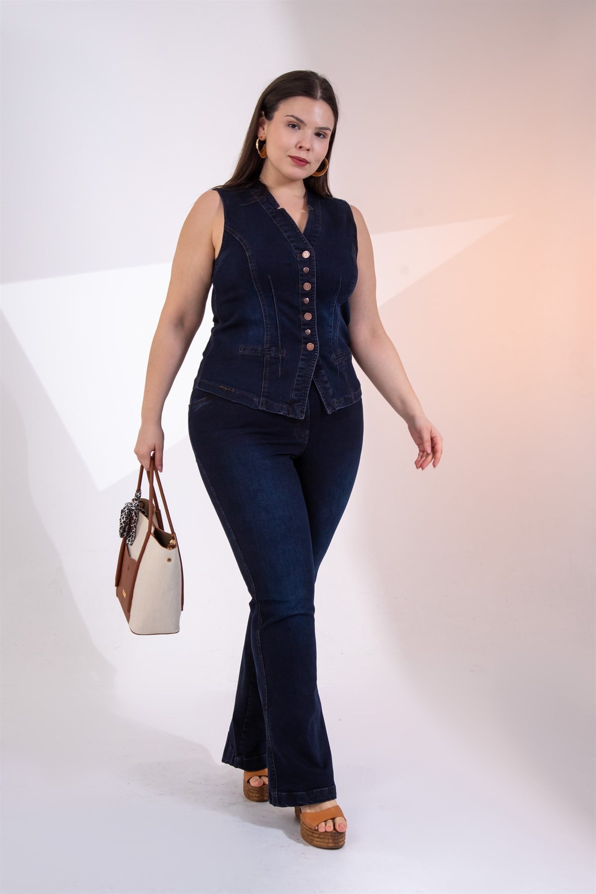 Büyük Beden 112063 Cep Detaylı Denim Yelek  Tobacco
