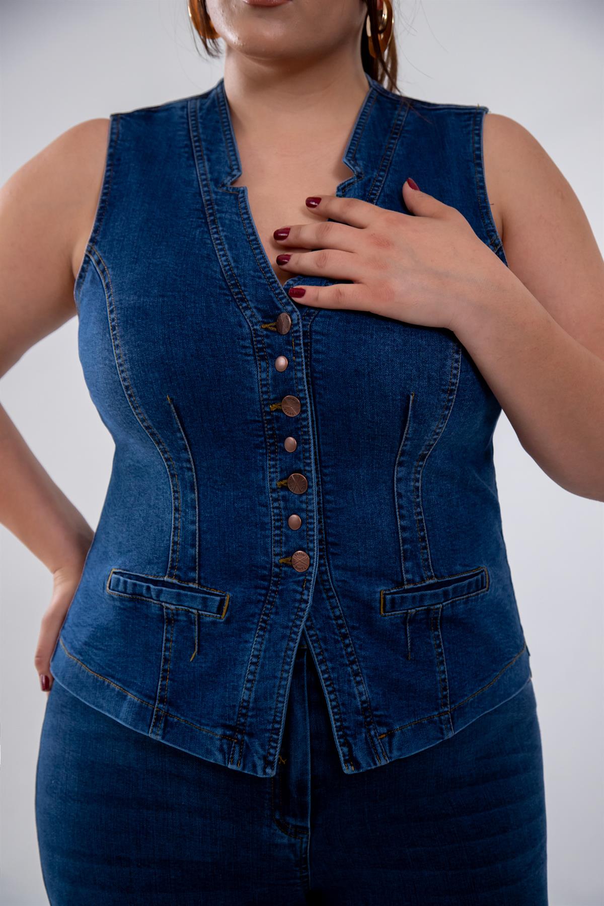 Büyük Beden 112063 Cep Detaylı Denim Yelek  Navy