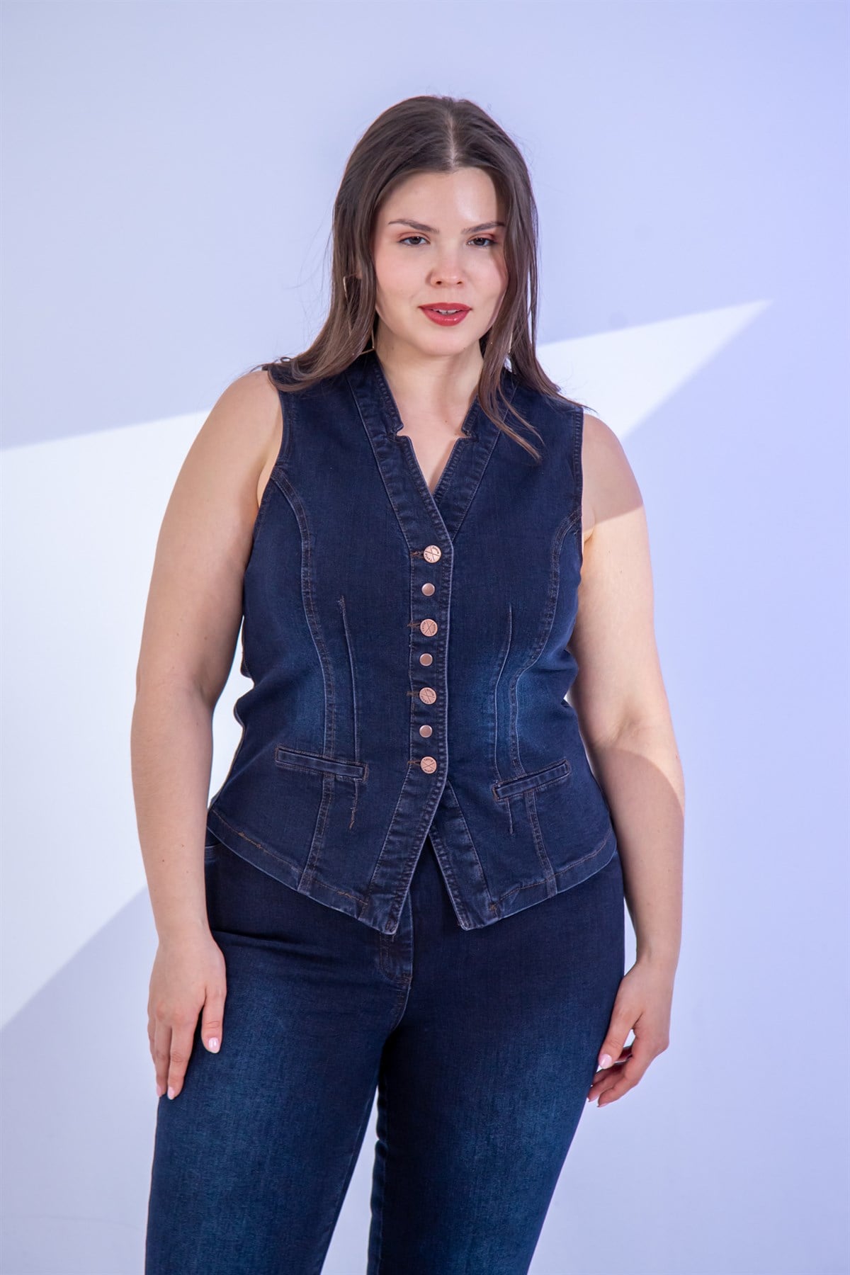 Büyük Beden 112063 Cep Detaylı Denim Yelek  Marsala