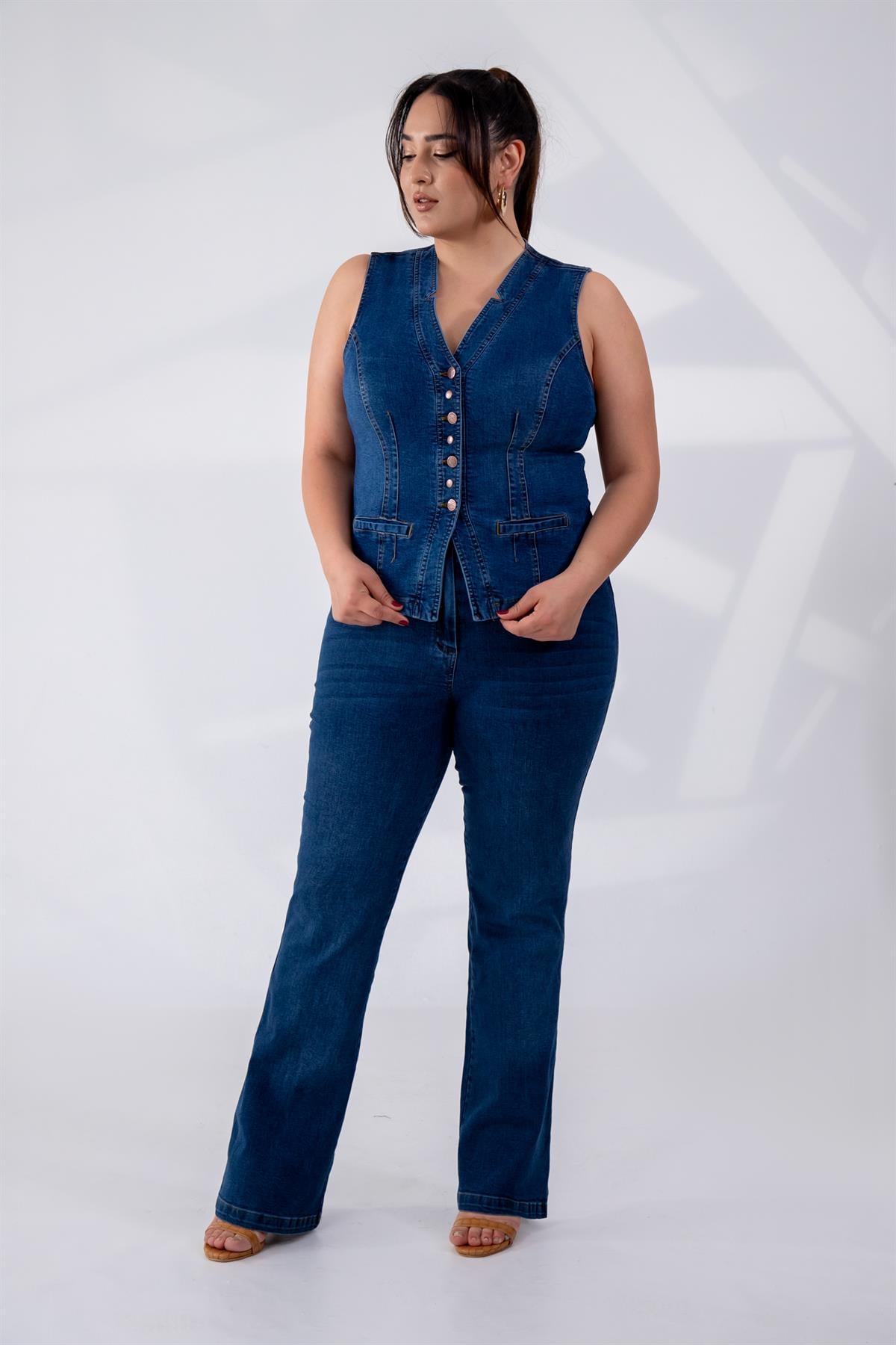 Büyük Beden 112063 Cep Detaylı Denim Yelek  Navy