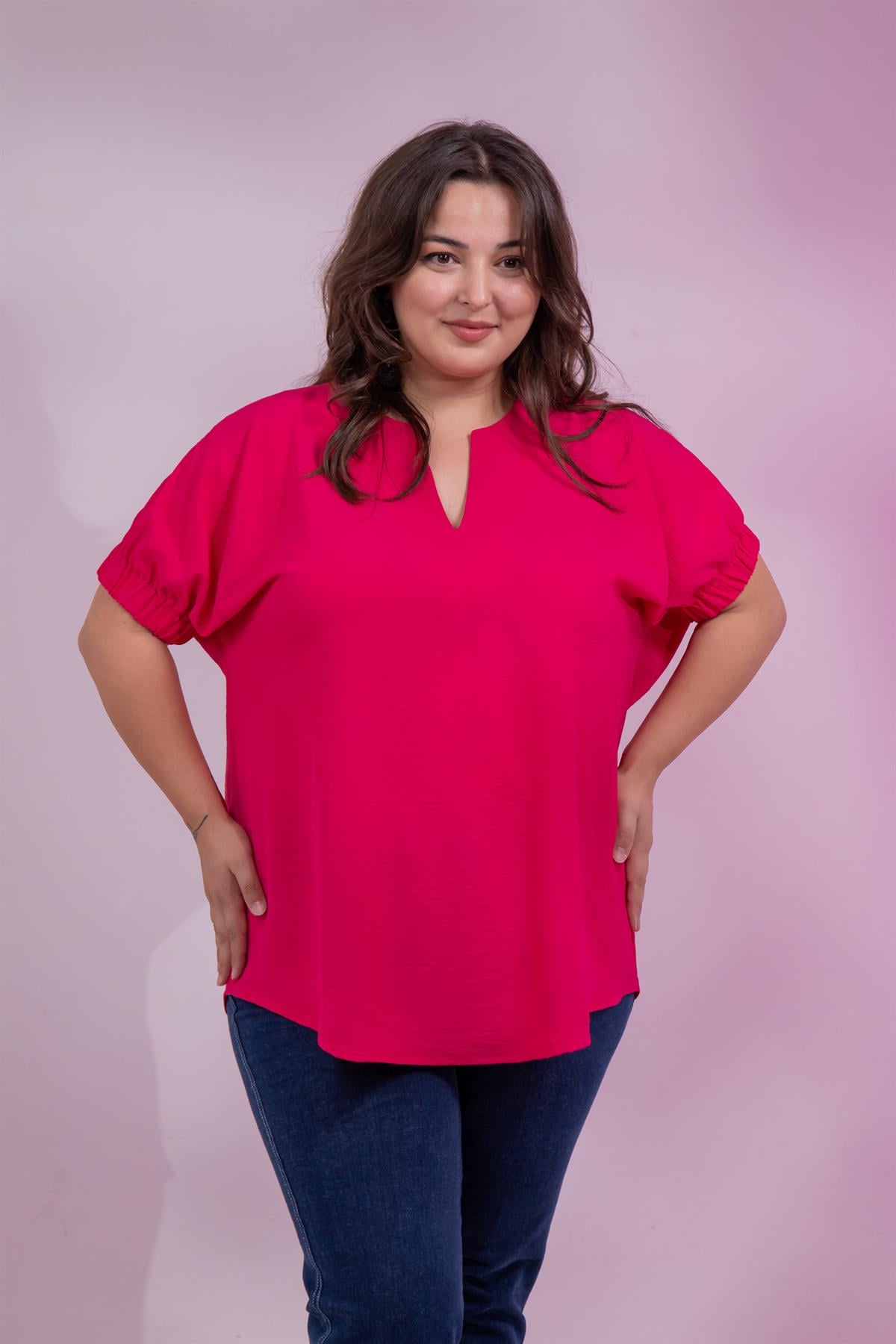 Büyük Beden 112091 V Yaka Kolu Lastikli Bluz Pembe