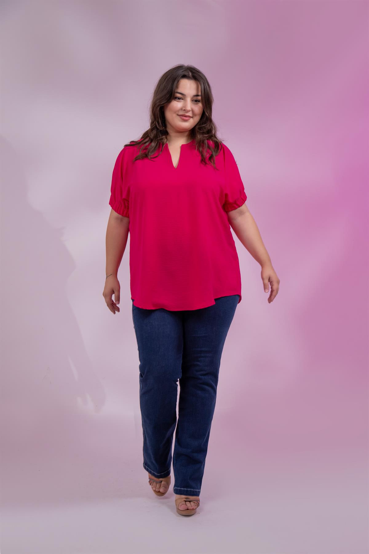 Büyük Beden 112091 V Yaka Kolu Lastikli Bluz Pembe