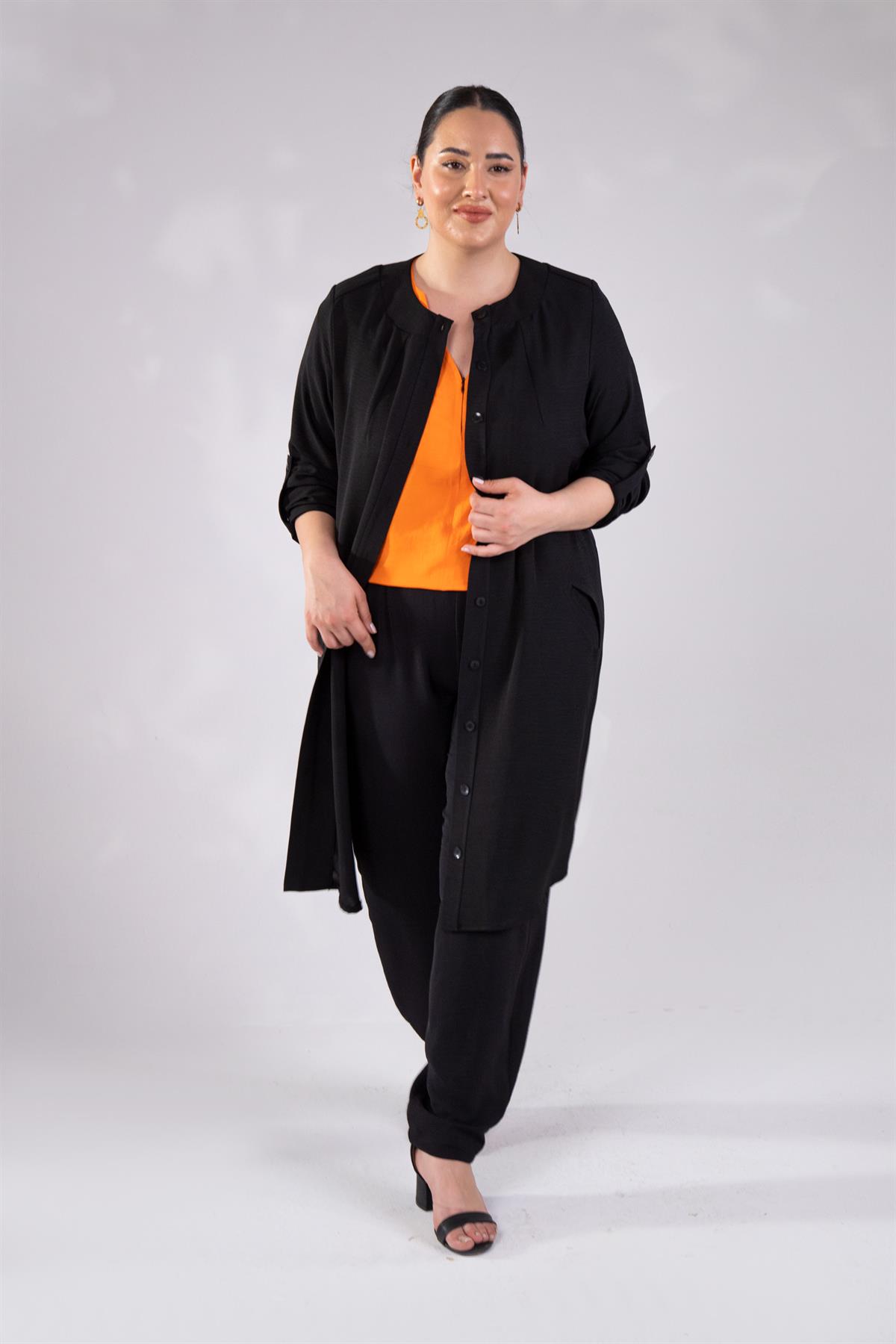 Büyük Beden 112092 Önü Düğmeli Cepli Kap  Siyah