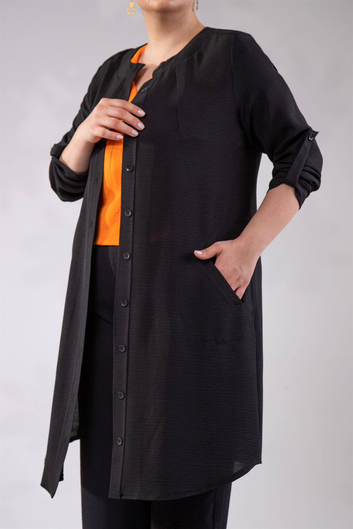 Büyük Beden 112092 Önü Düğmeli Cepli Kap  Siyah