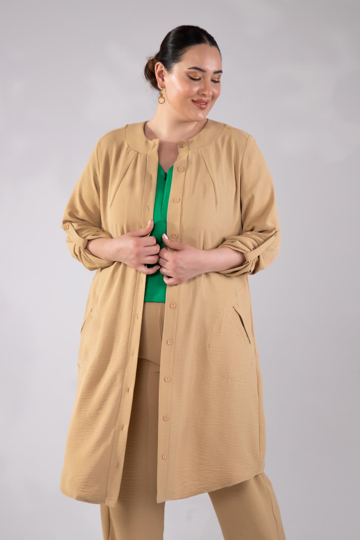 Büyük Beden 112092 Önü Düğmeli Cepli Kap  Vizon