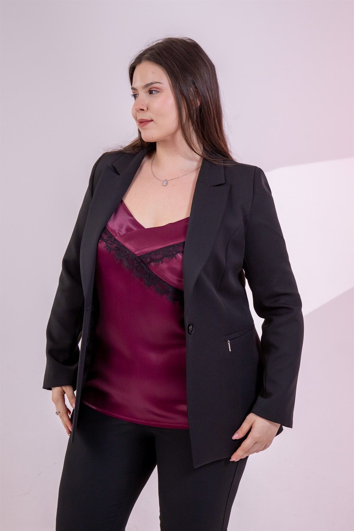 Büyük Beden 11221111 Dantelli Saten Askılı Bluz Bordo