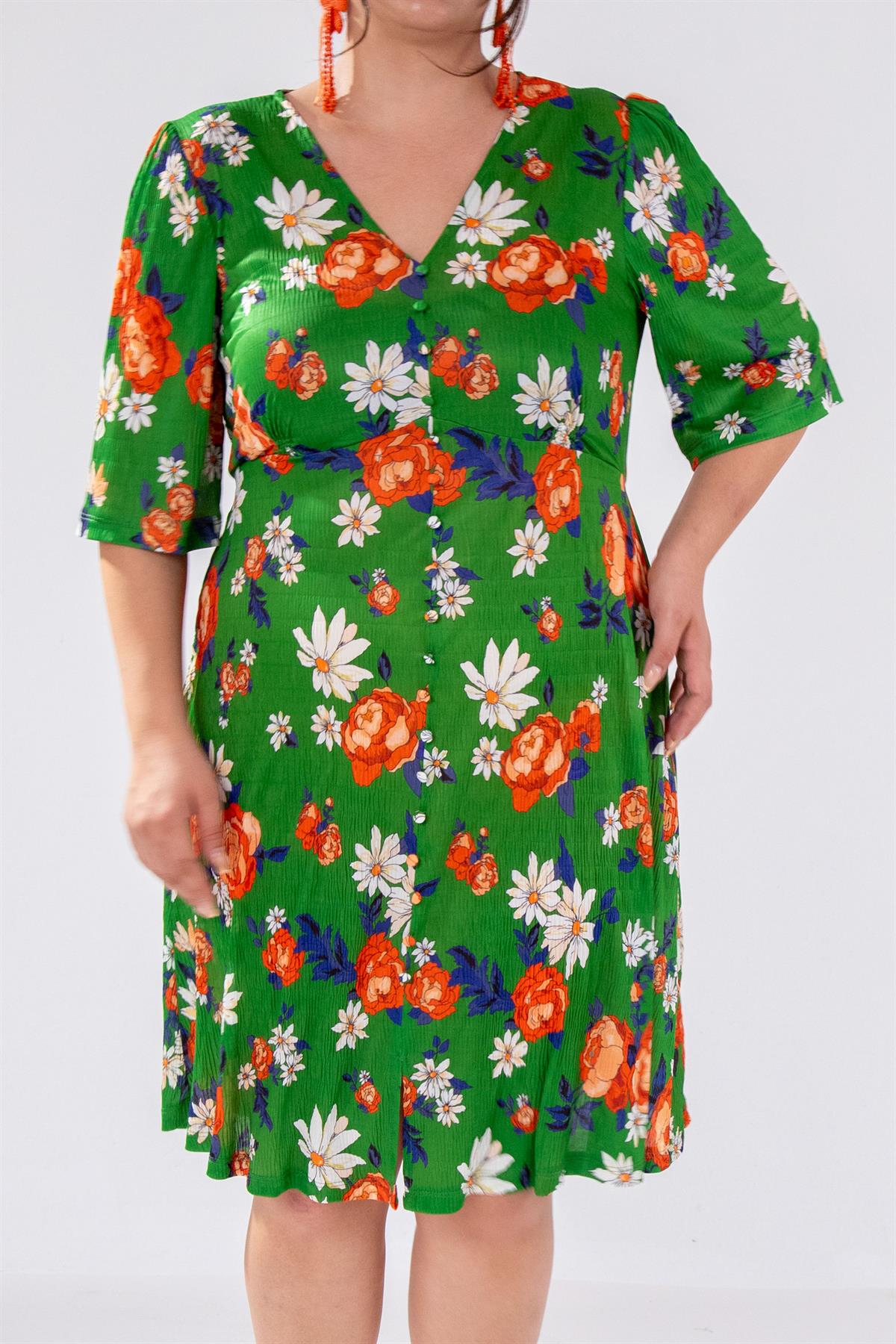 Büyük Beden 11224112 Piliseli Düğmeli Elbise Yeşil