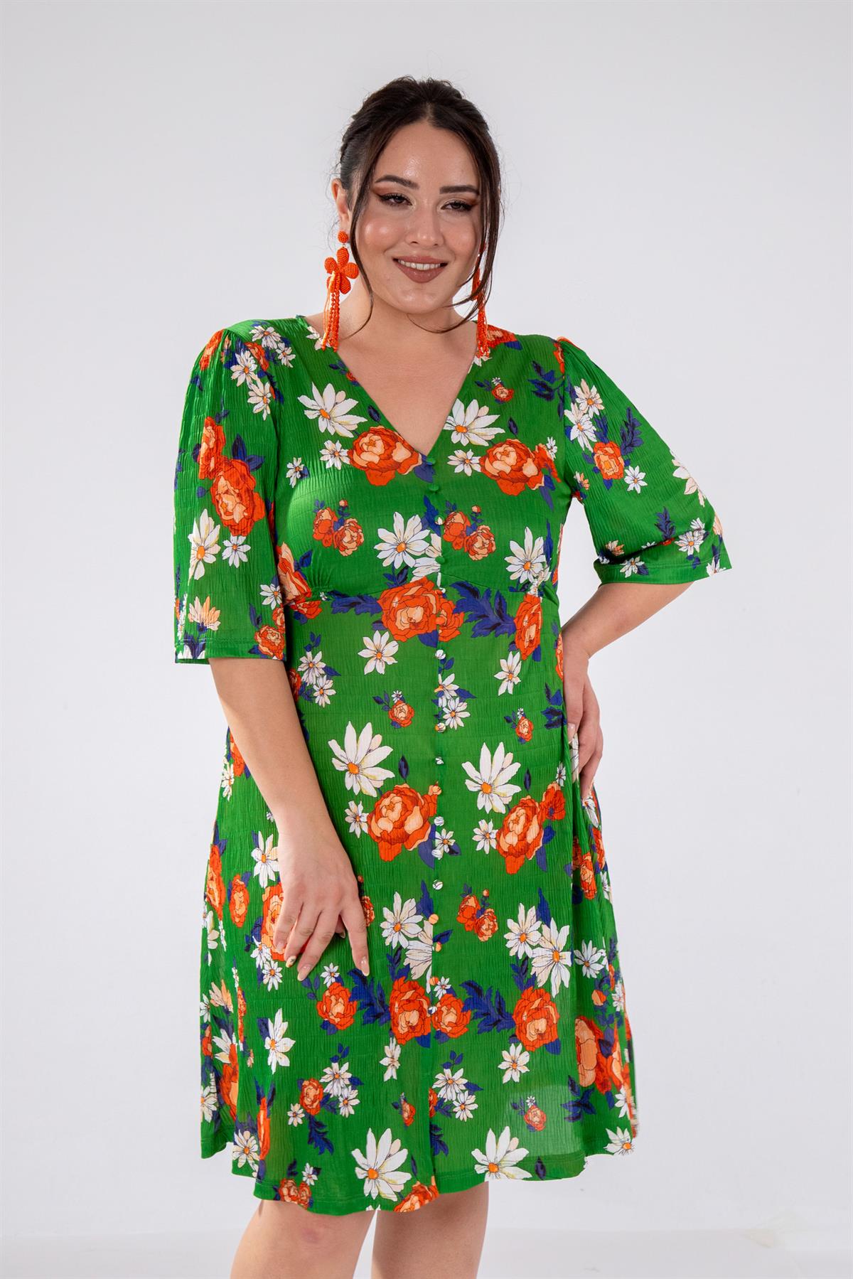 Büyük Beden 11224112 Piliseli Düğmeli Elbise Yeşil