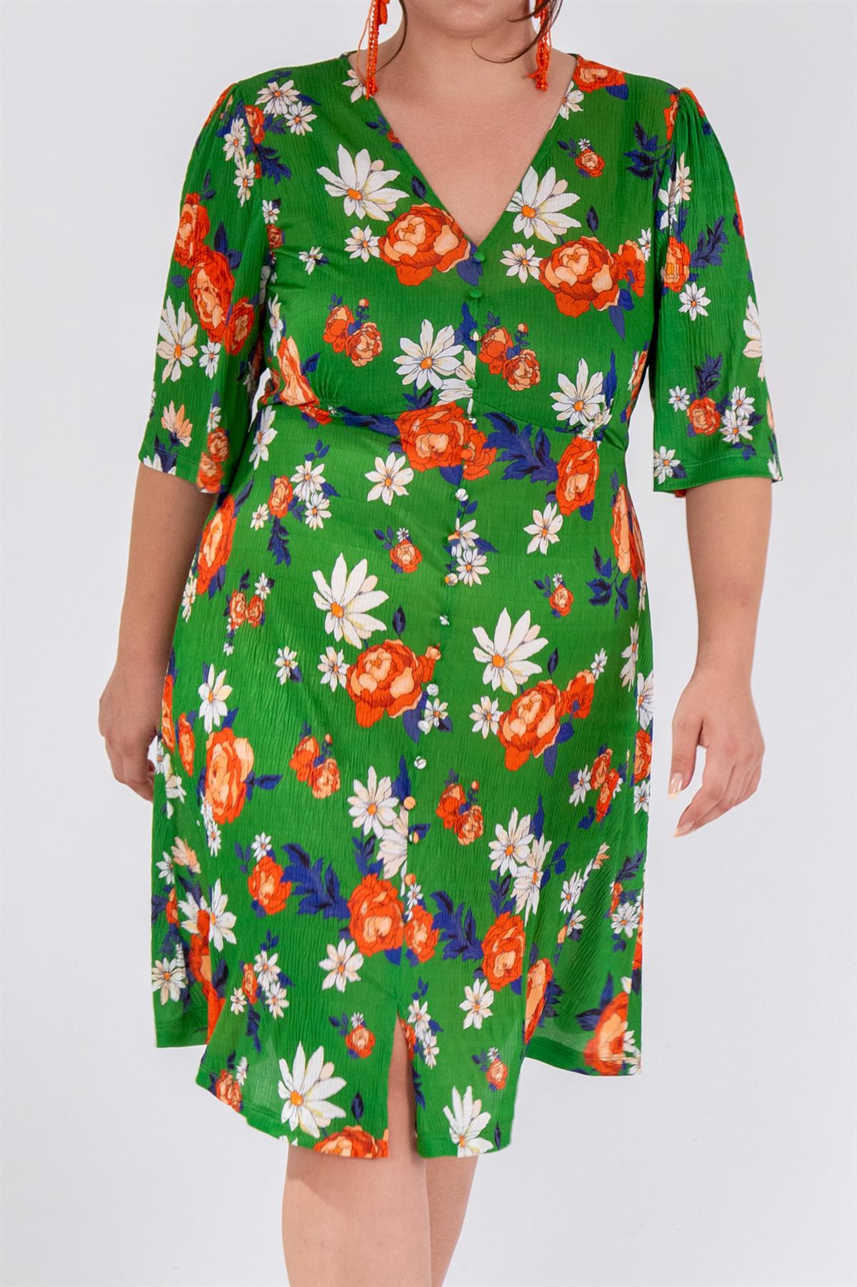 Büyük Beden 11224112 Piliseli Düğmeli Elbise Yeşil