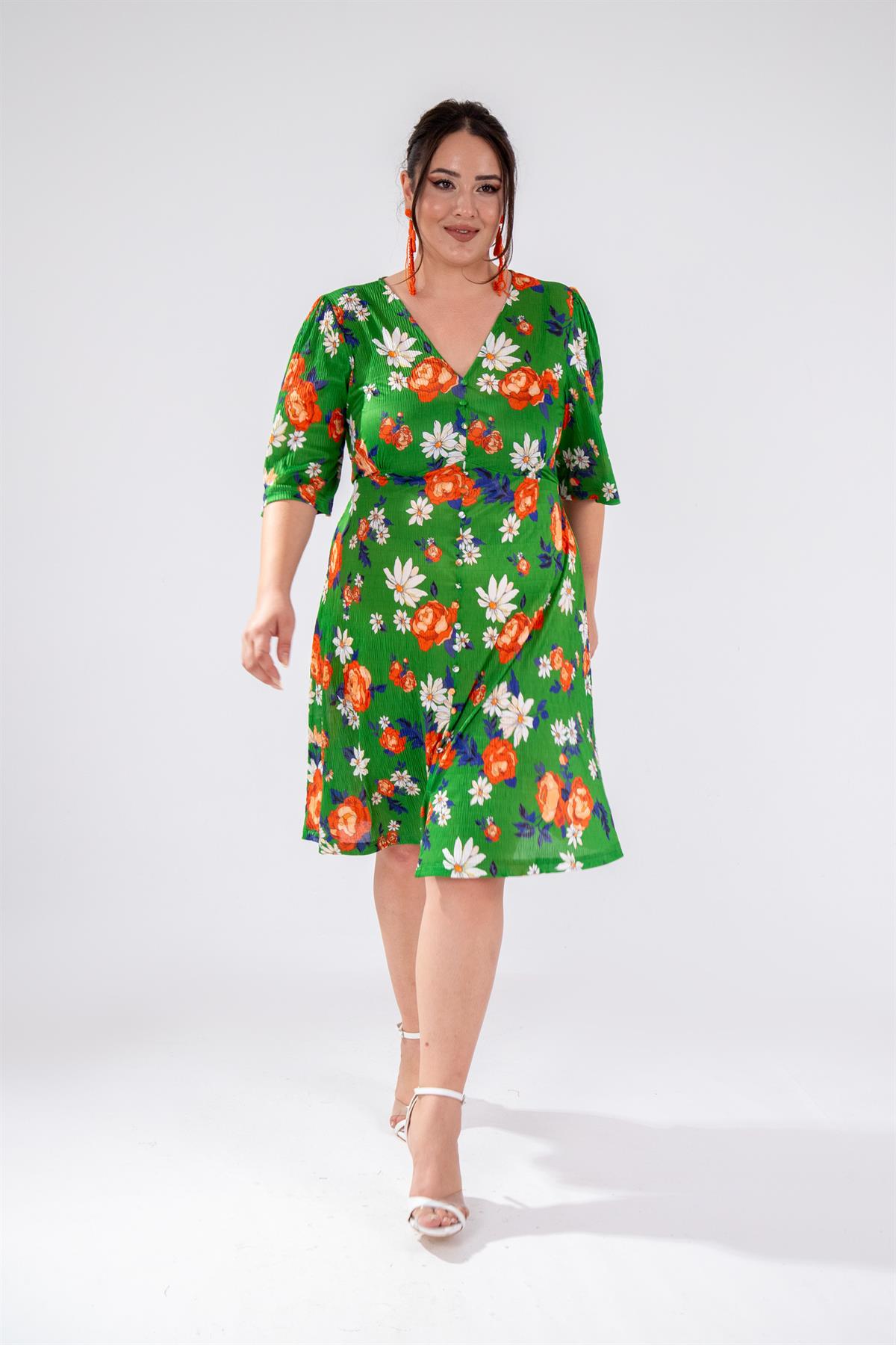 Büyük Beden 11224112 Piliseli Düğmeli Elbise Yeşil