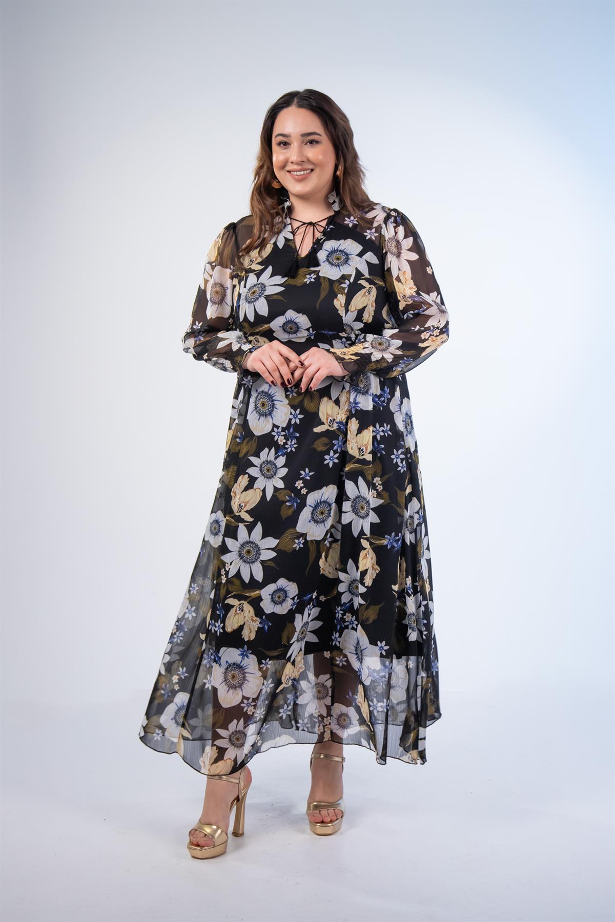 Büyük Beden 11224192 B.çiçek Gipeli Elbise Siyah