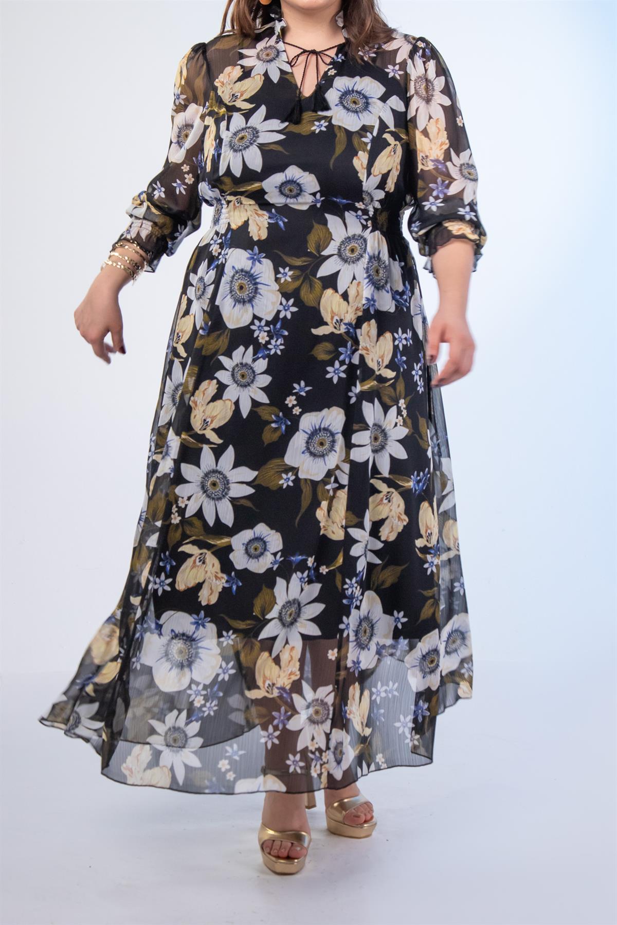 Büyük Beden 11224192 B.çiçek Gipeli Elbise Siyah