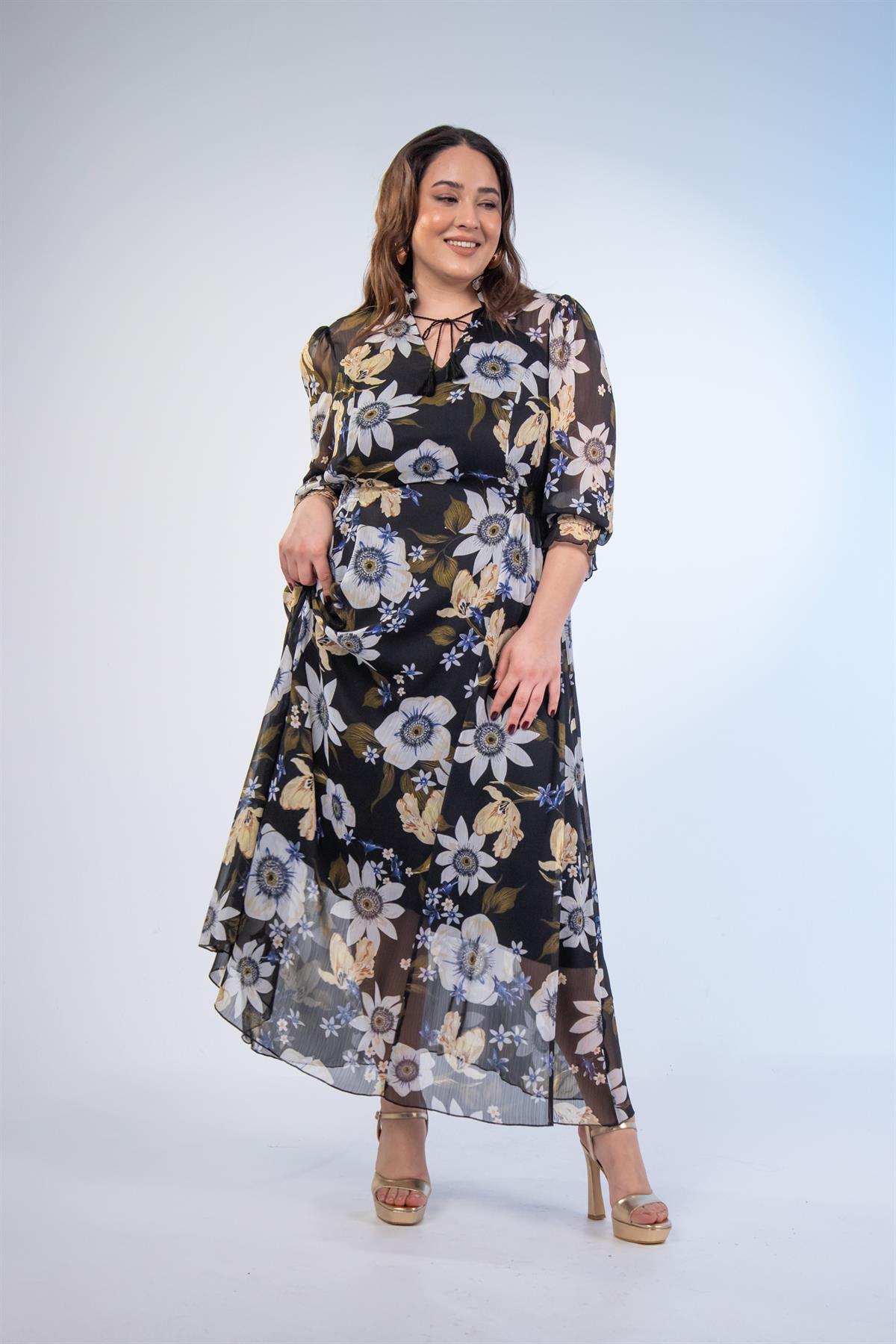 Büyük Beden 11224192 B.çiçek Gipeli Elbise Siyah