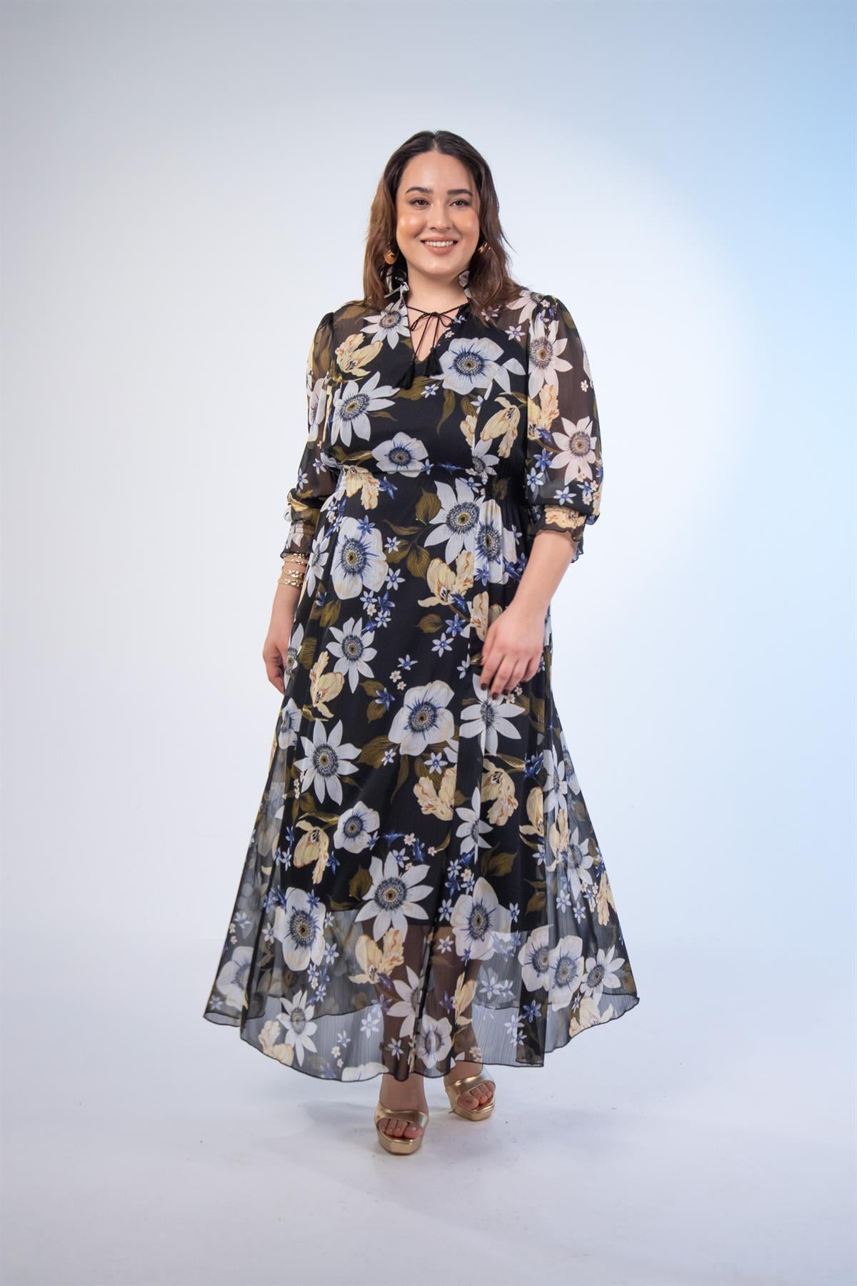 Büyük Beden 11224192 B.çiçek Gipeli Elbise Siyah