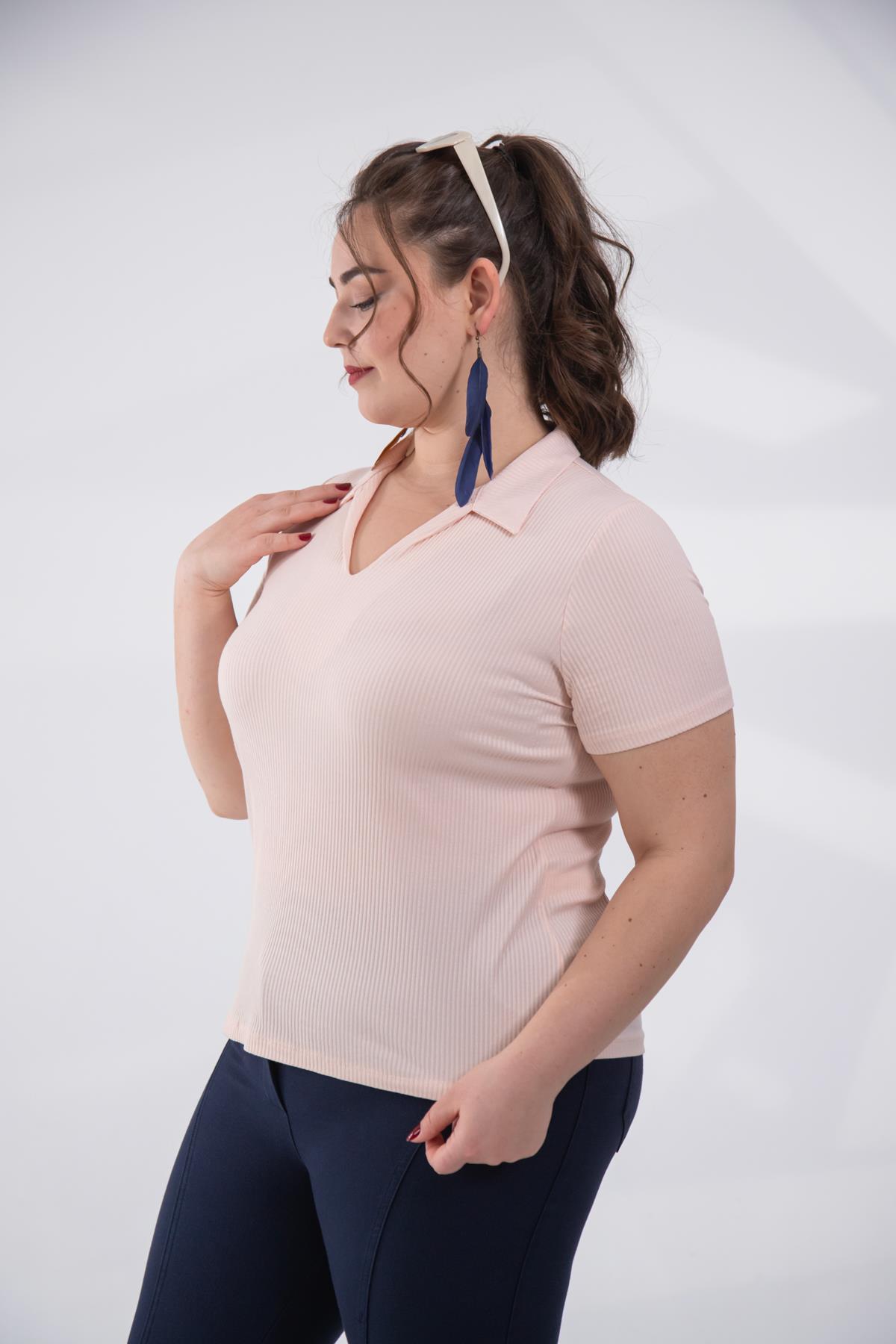 Büyük Beden 1122474 Gömlek Yaka Fitilli  Bluz  Somon