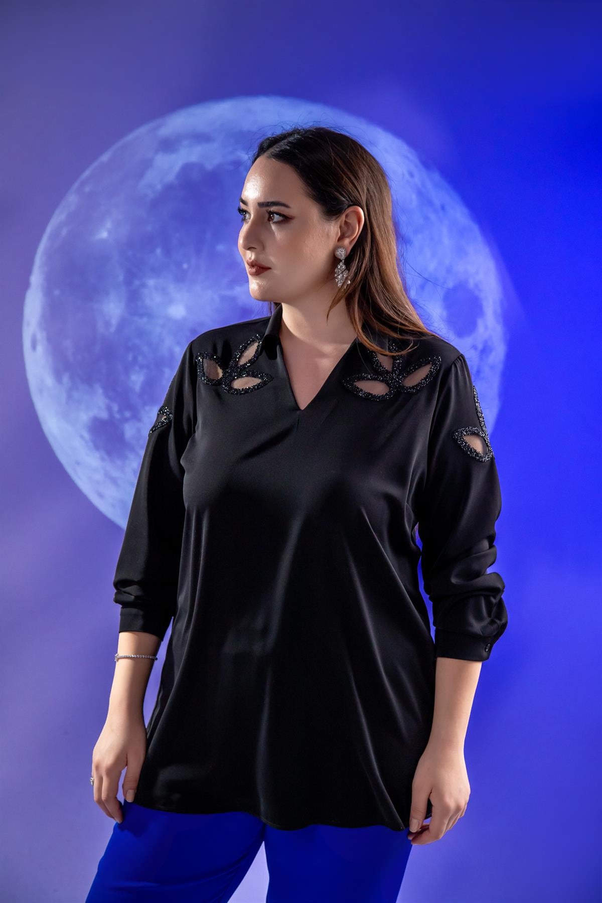Büyük Beden 1122502 Damla Taşlı Bluz  Siyah