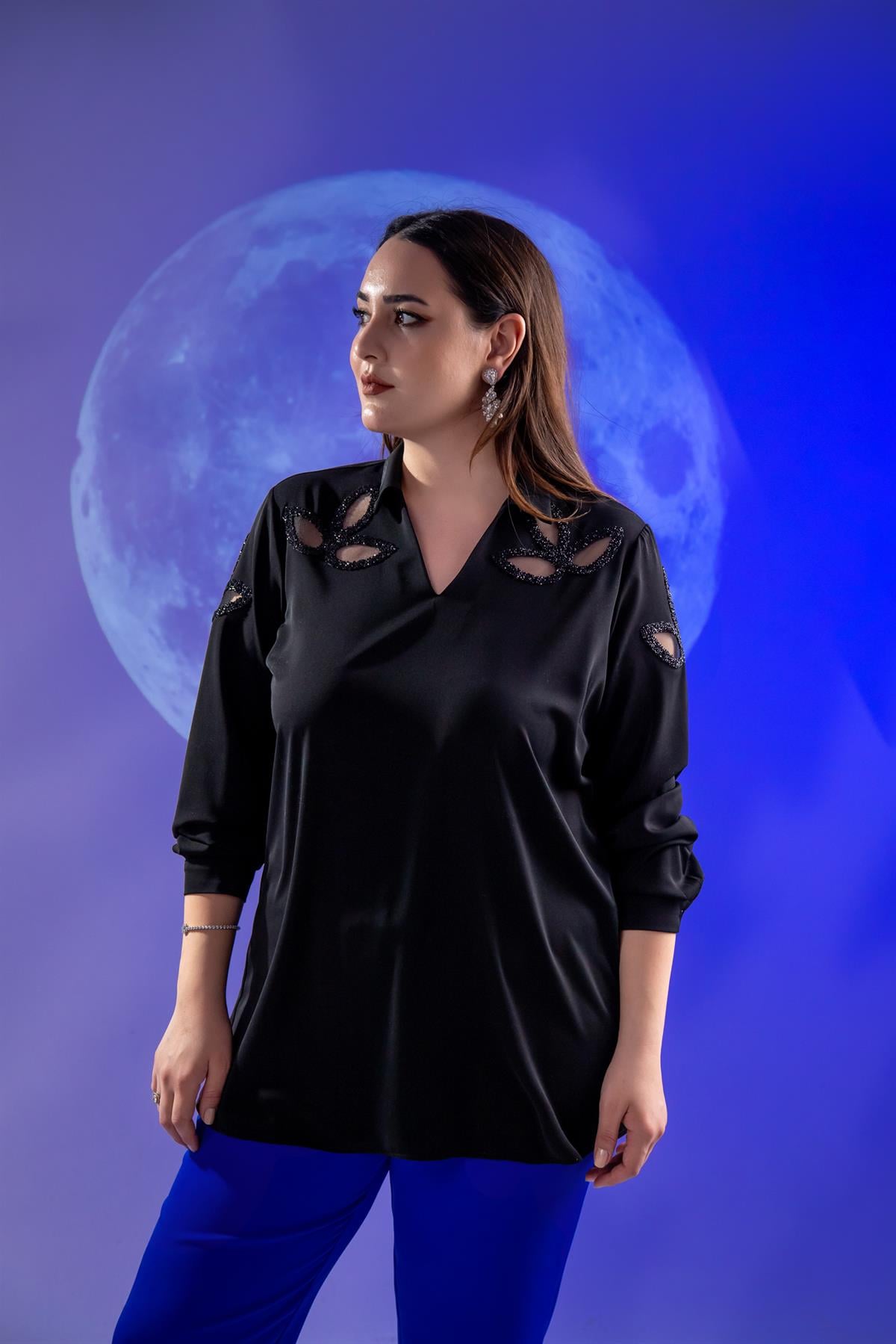 Büyük Beden 1122502 Damla Taşlı Bluz  Siyah