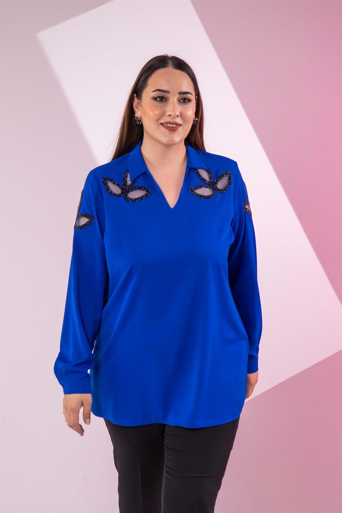 Büyük Beden 1122502 Damla Taşlı Bluz  Saks