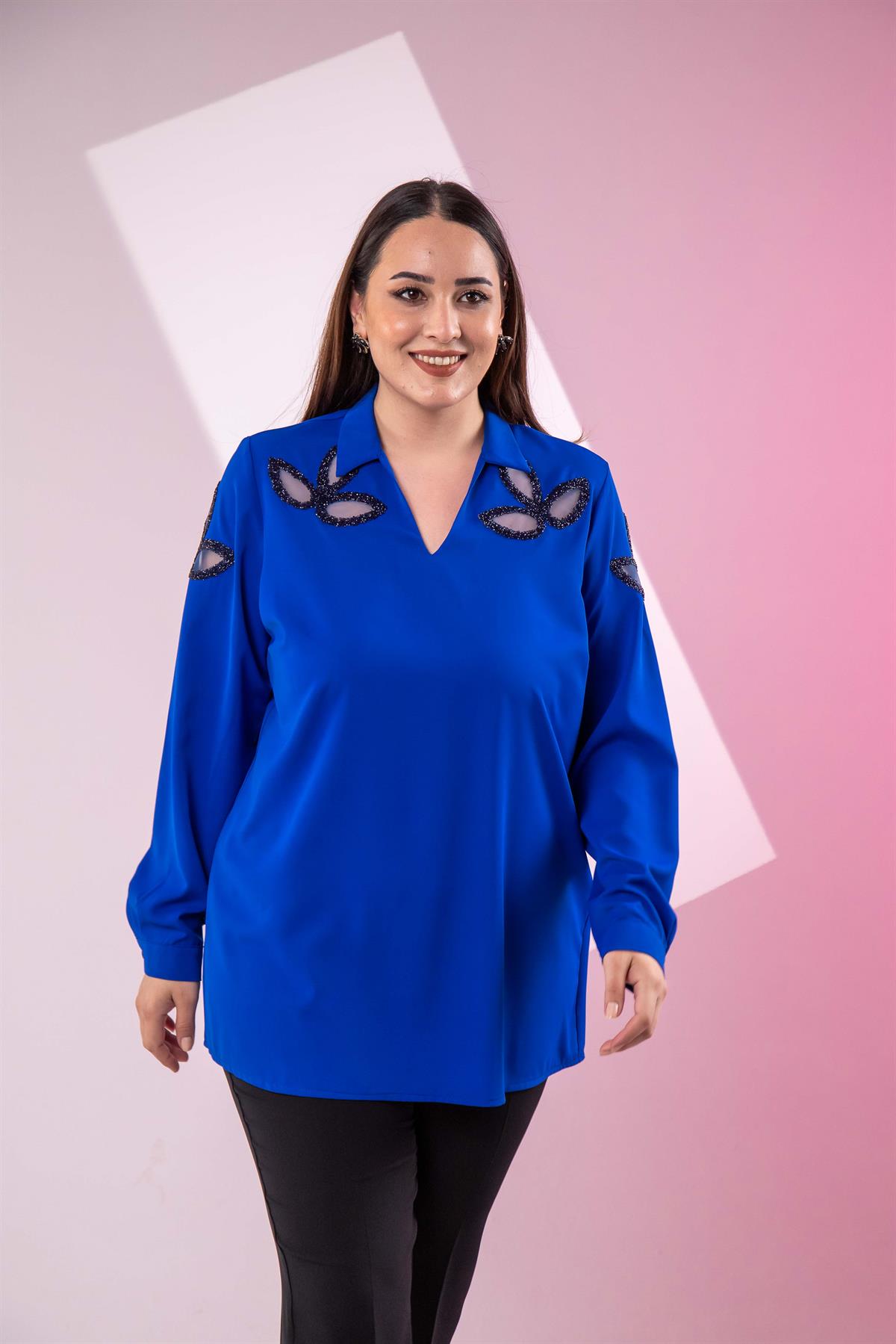 Büyük Beden 1122502 Damla Taşlı Bluz  Saks