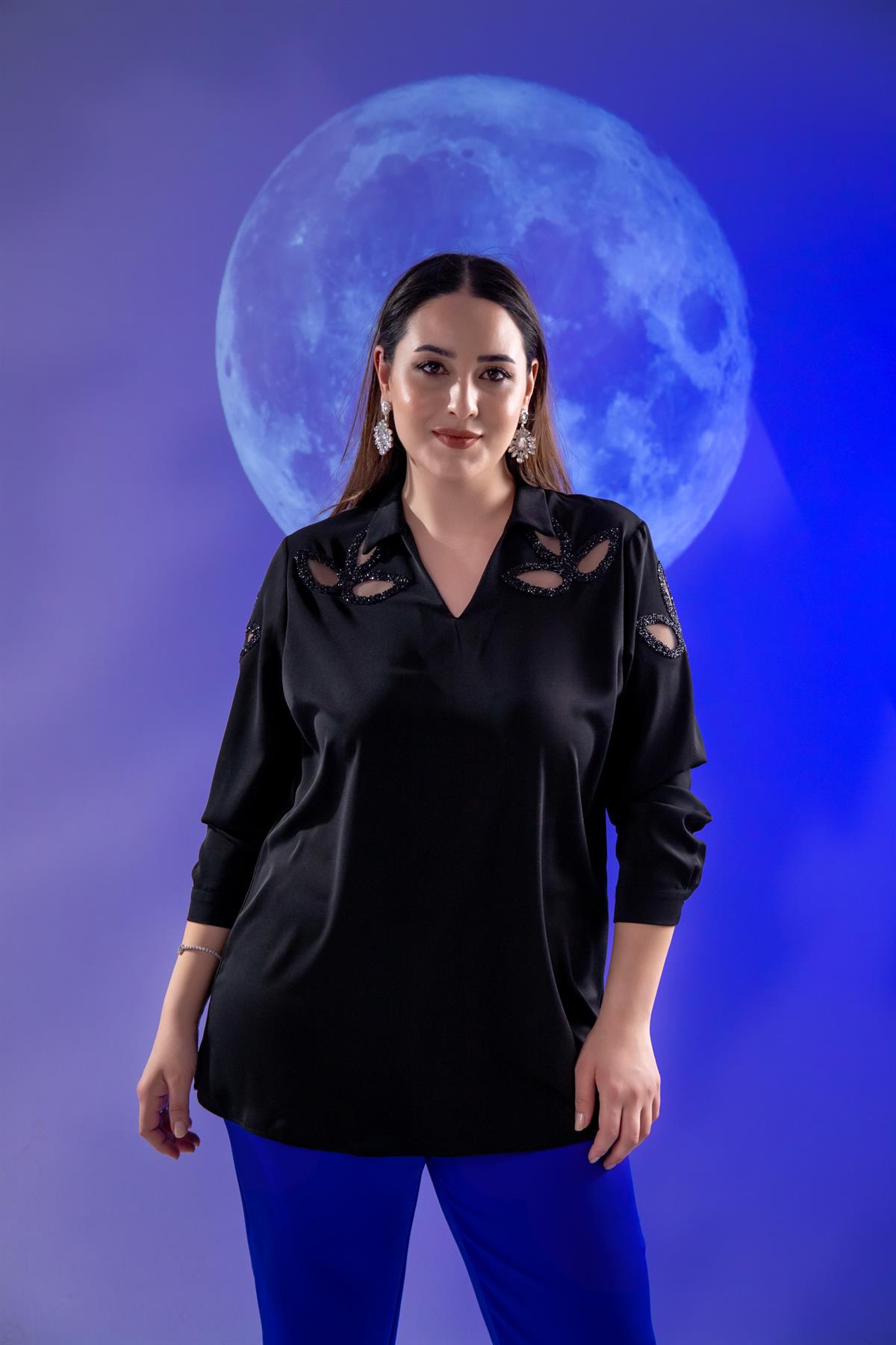 Büyük Beden 1122502 Damla Taşlı Bluz  Siyah