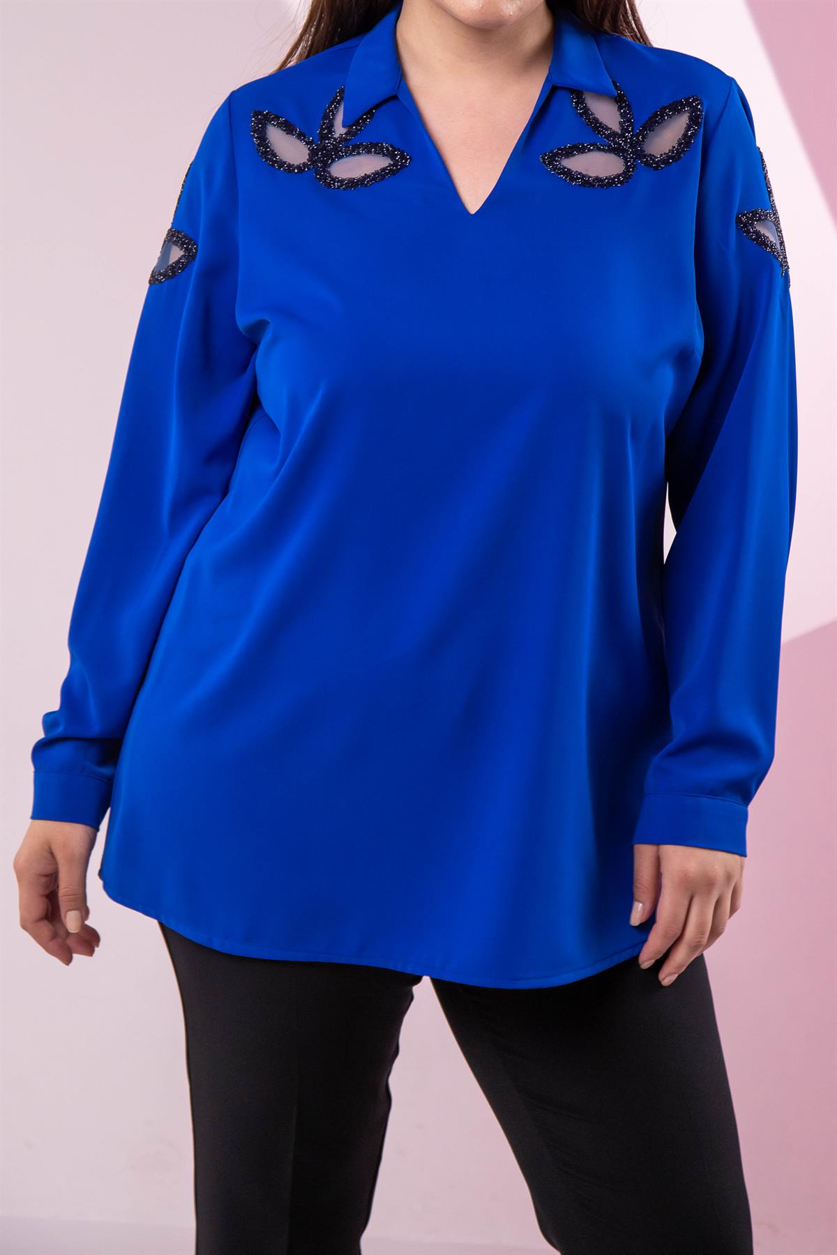 Büyük Beden 1122502 Damla Taşlı Bluz  Saks