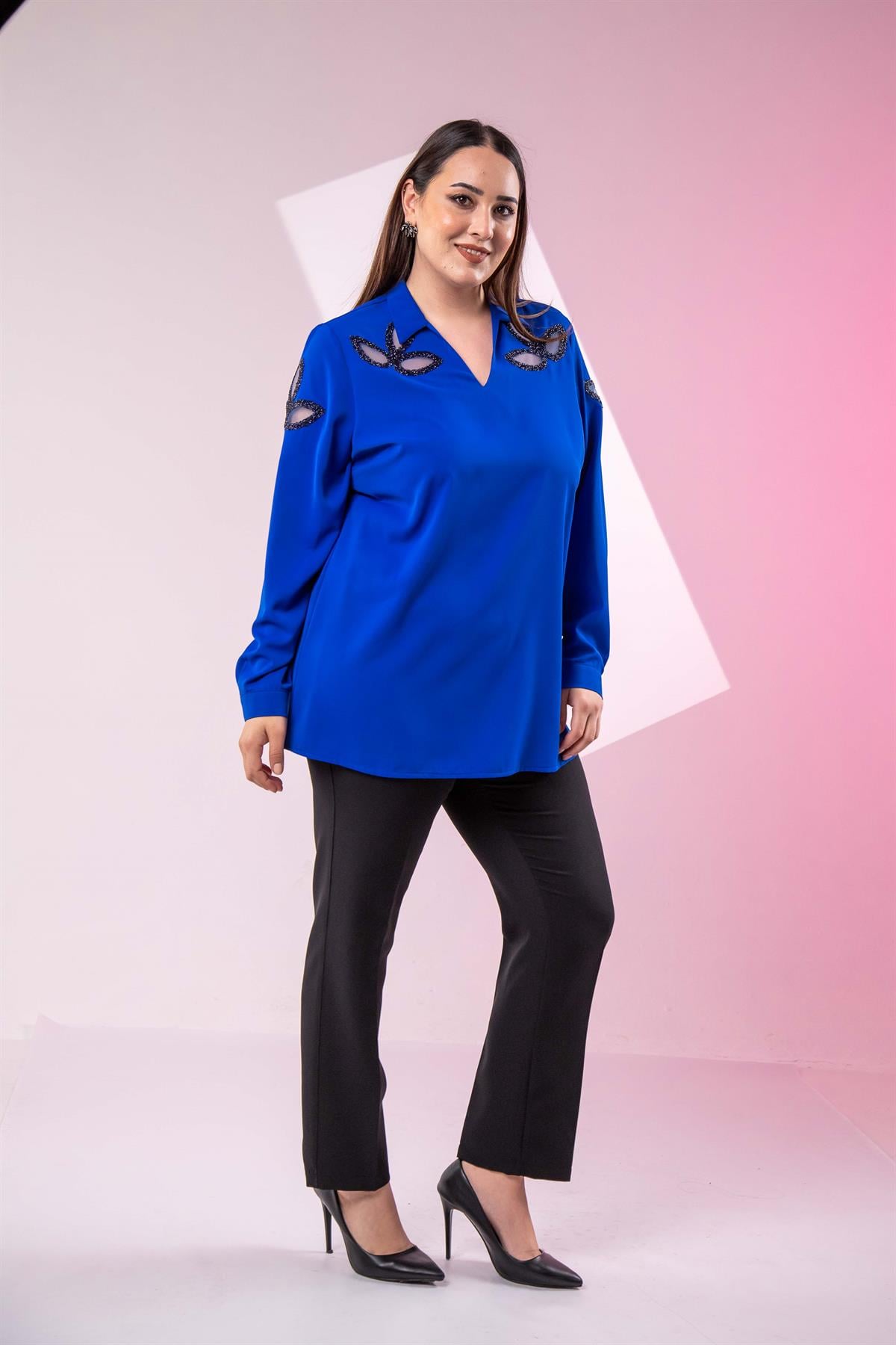 Büyük Beden 1122502 Damla Taşlı Bluz  Saks