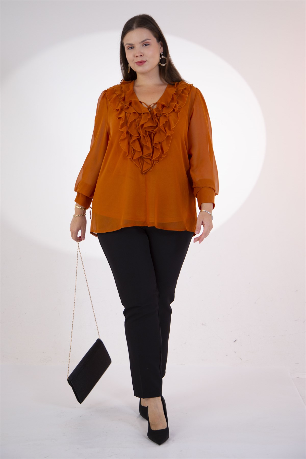 Büyük Beden 1122517 Yaka Volanlı Şifon Bluz Camel