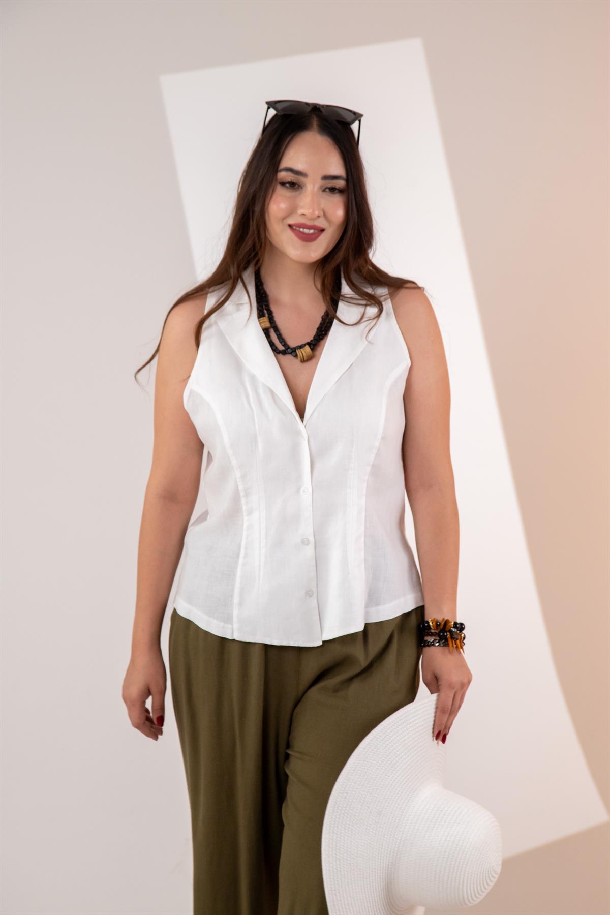 Büyük Beden 1122540 Keten Kolsuz Gömlek Beyaz