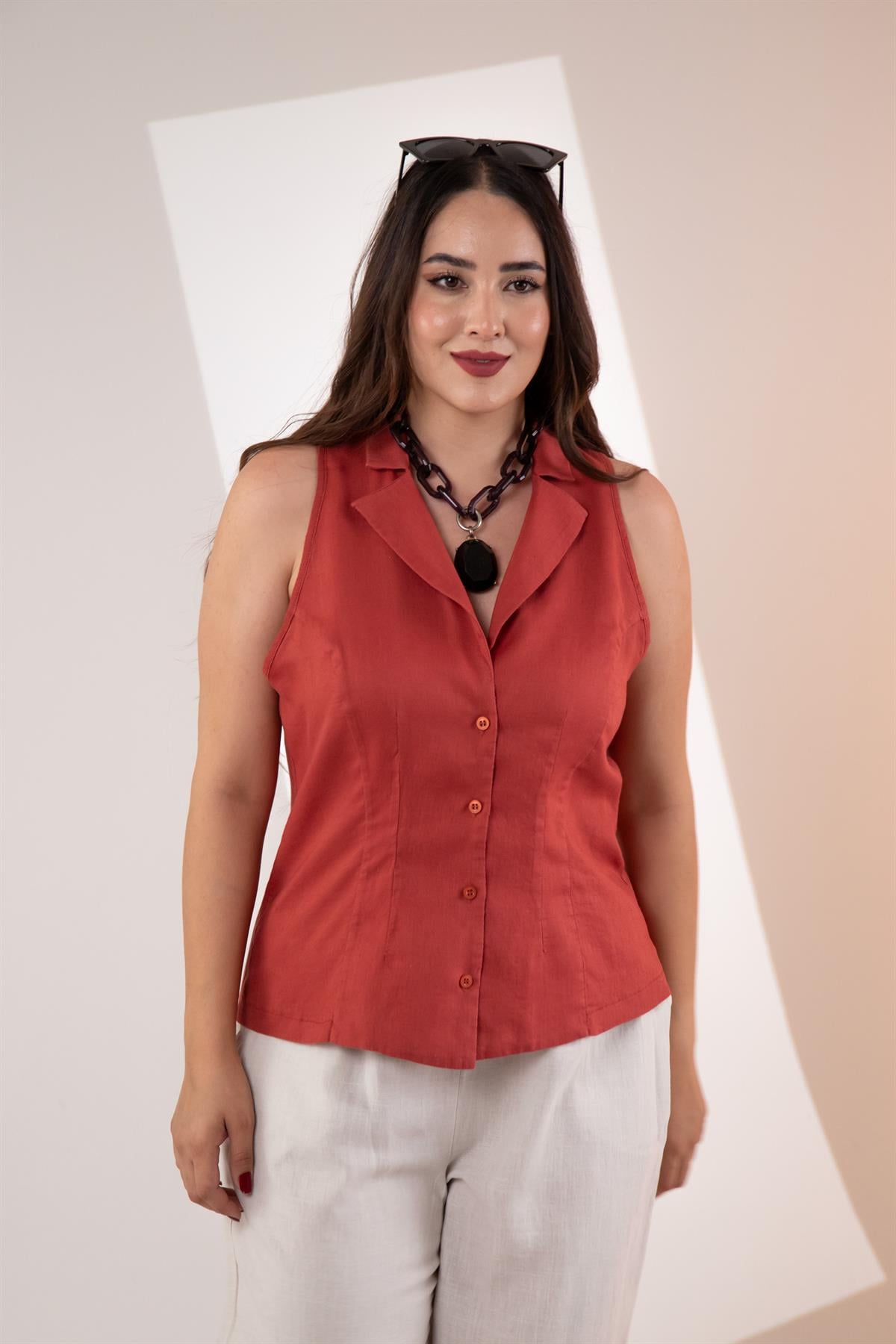 Büyük Beden 1122540 Keten Kolsuz Gömlek Kiremit