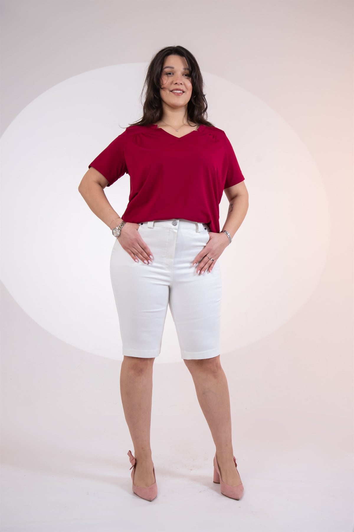 Büyük Beden 1122571 Cepli Denim Şort Beyaz
