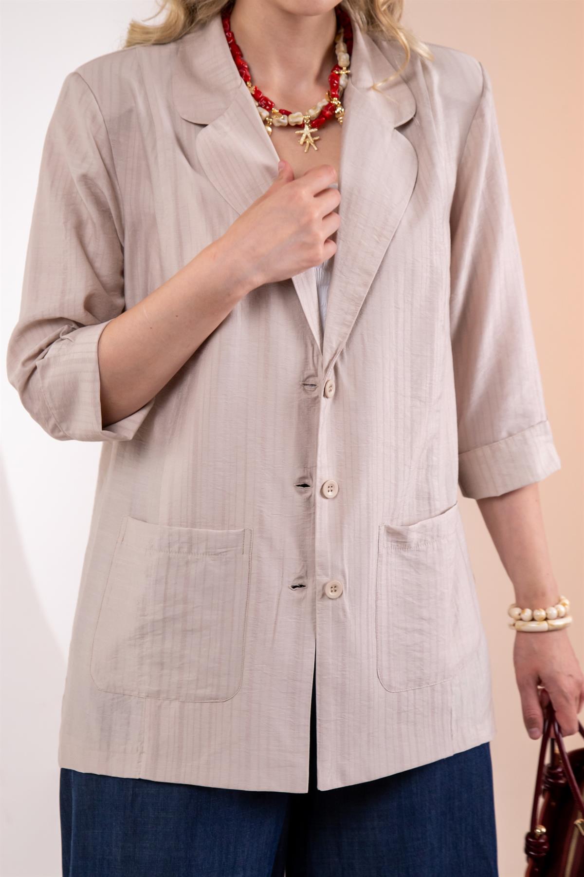 Büyük Beden 1122577 Cepli Ceket Bej