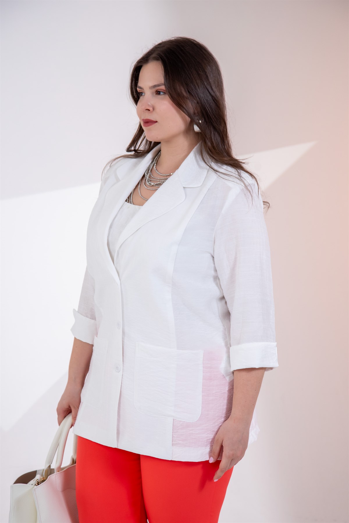 Büyük Beden 1122577 Cepli Ceket Beyaz
