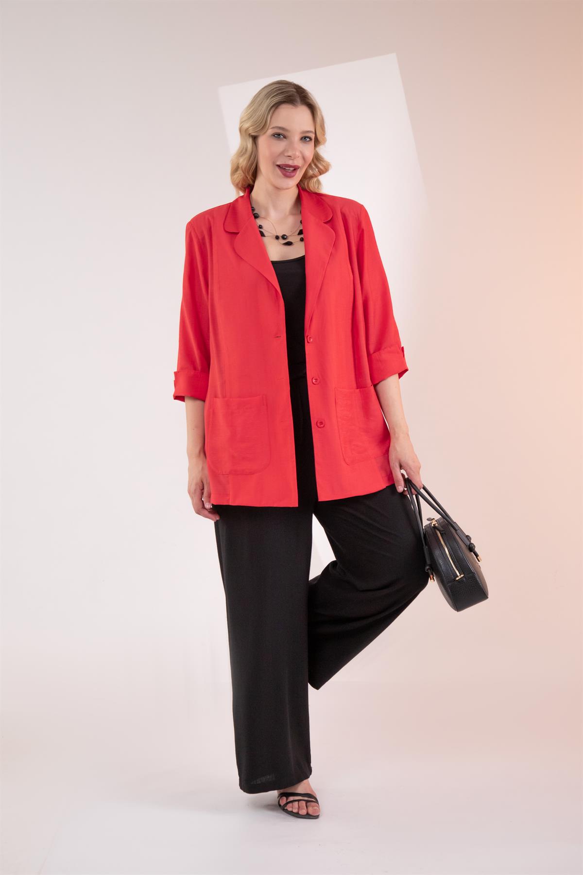 Büyük Beden 1122577 Cepli Ceket Kırmızı