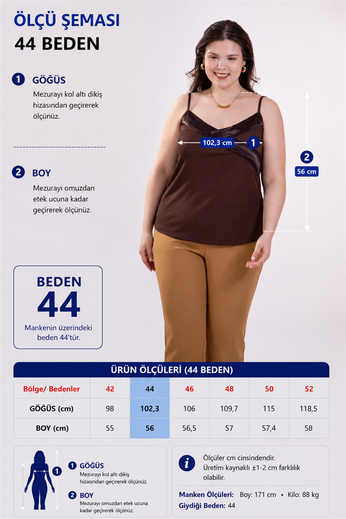 Büyük Beden 1122635 Saten Yaka İp Askılı Bluz Kahverengi