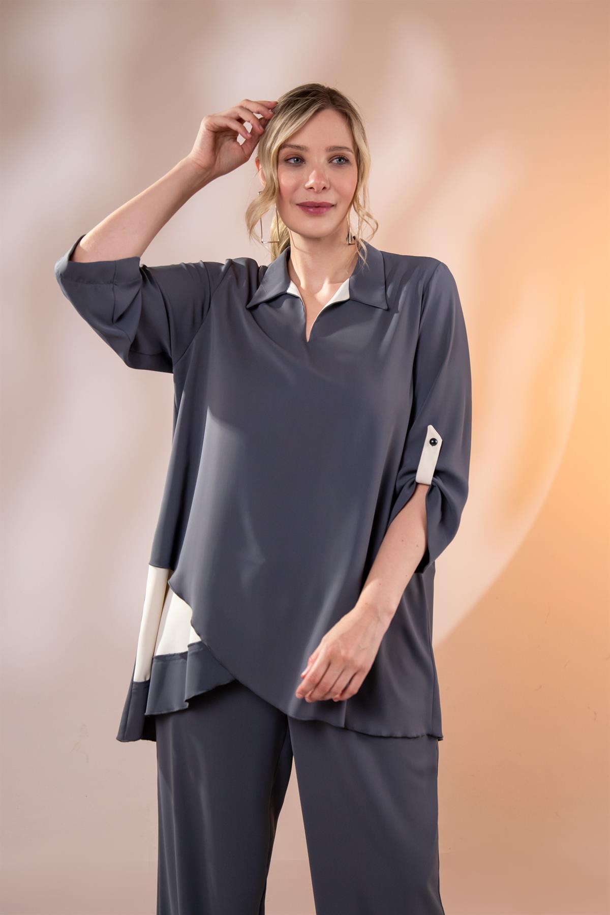 Büyük Beden 1127682 Asimetrik Tunik 2li Takım Füme