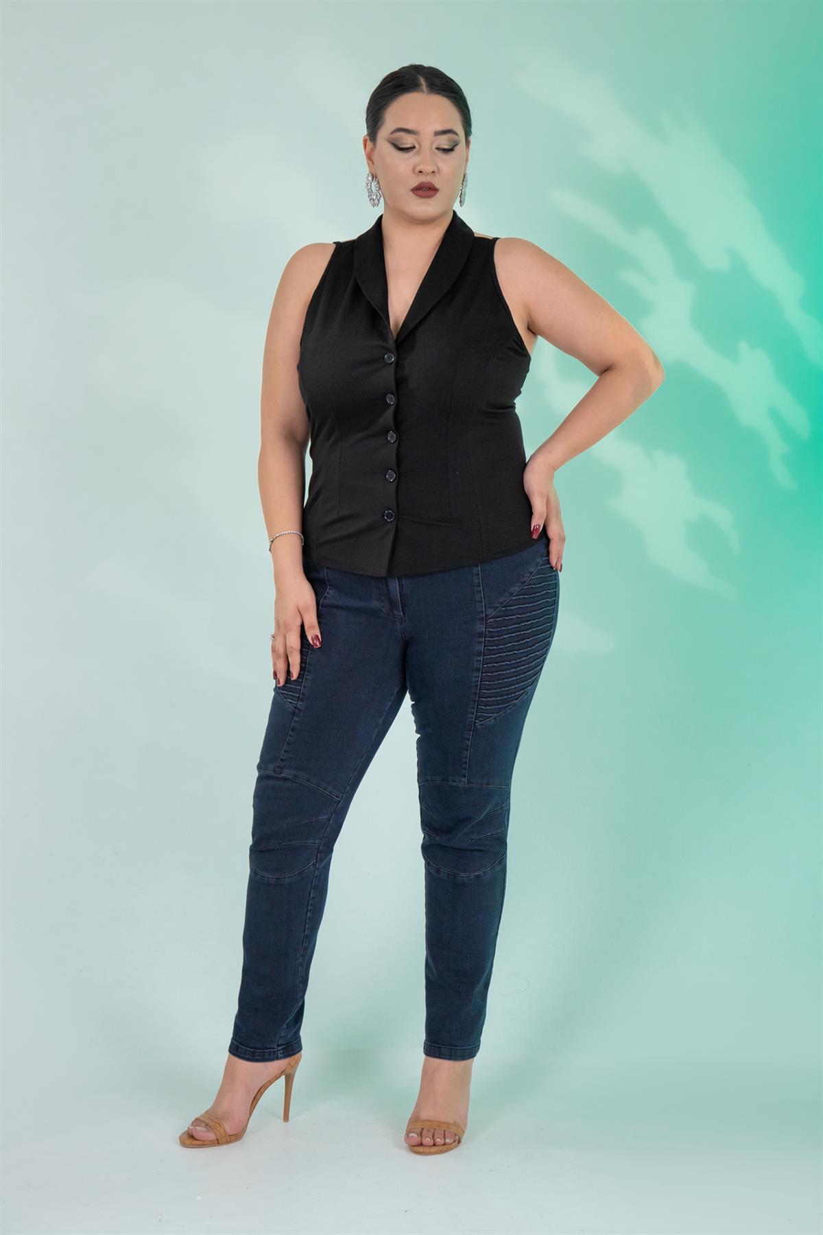 Büyük Beden 121059 Nervürlü Denim  Pantolon  Kahverengi