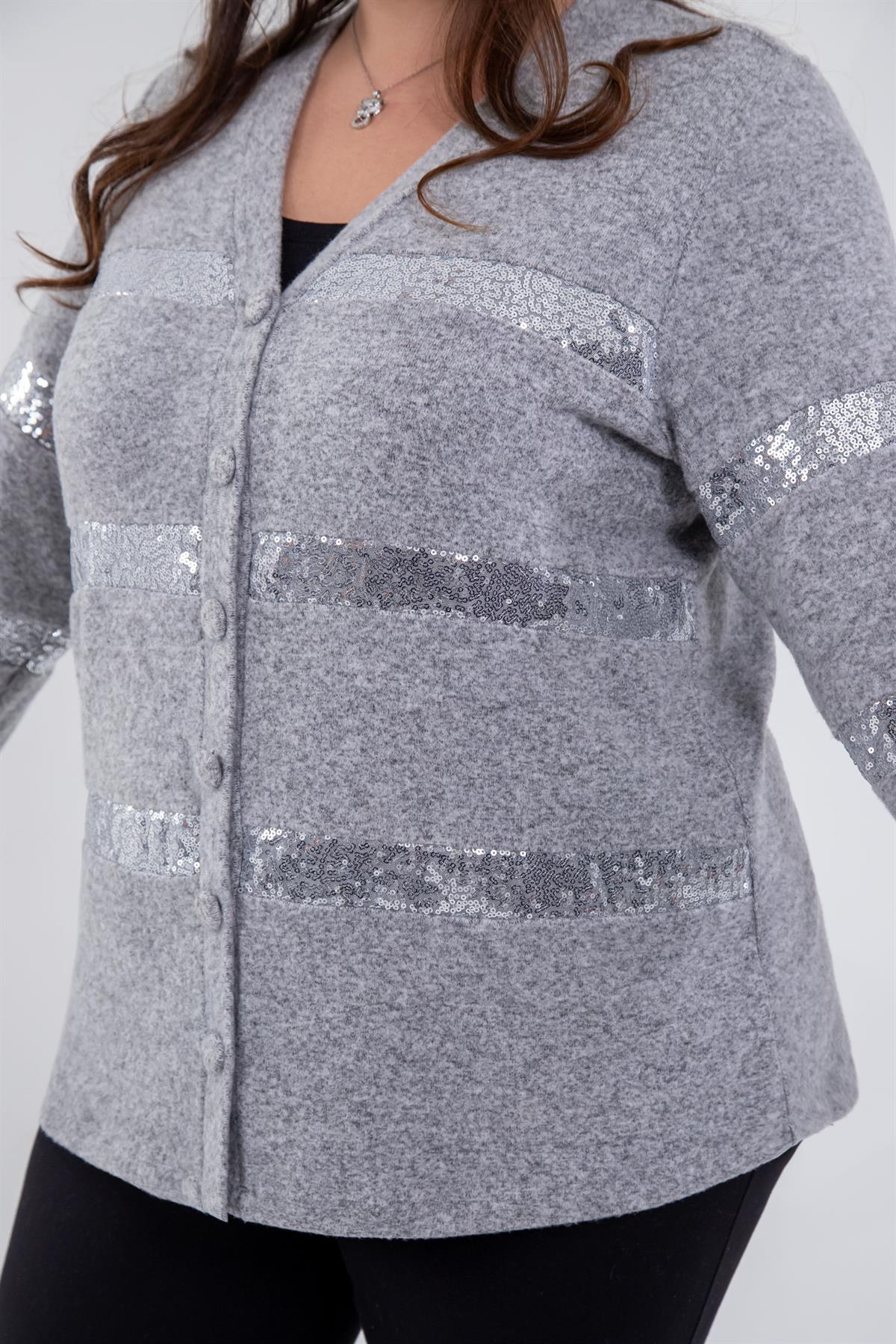 Büyük Beden 1211006 Pul Payet Detaylı Hırka  Gri