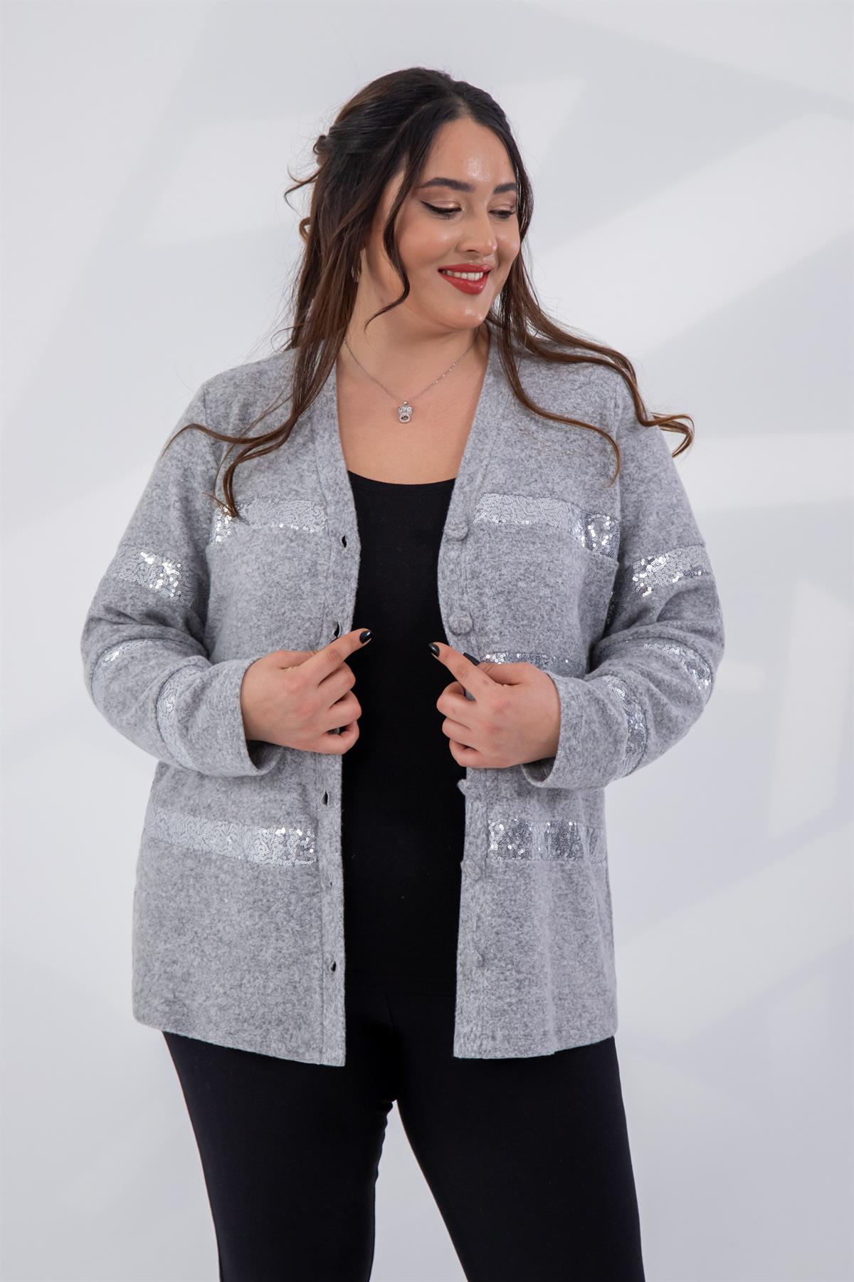 Büyük Beden 1211006 Pul Payet Detaylı Hırka  Gri