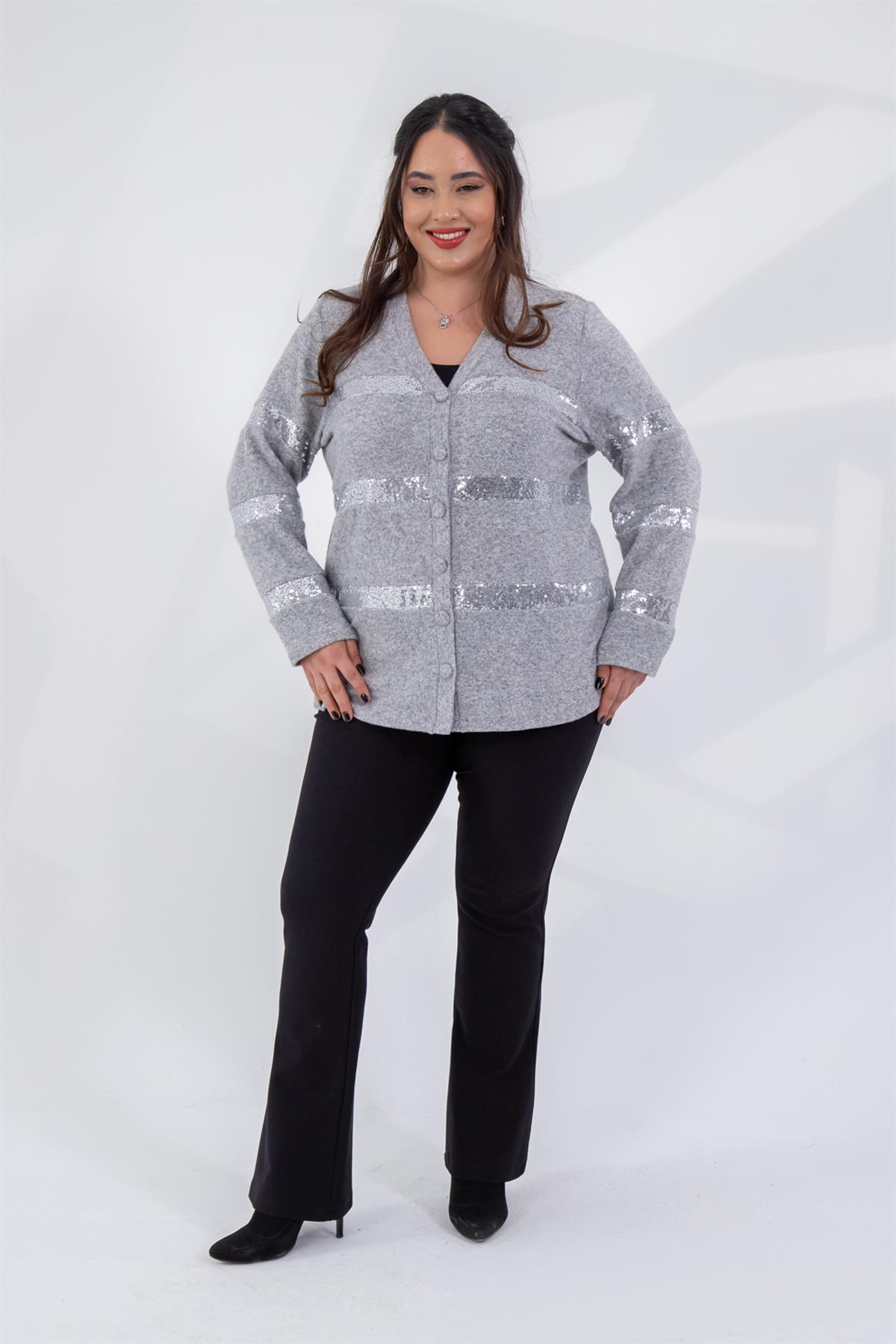 Büyük Beden 1211006 Pul Payet Detaylı Hırka  Gri