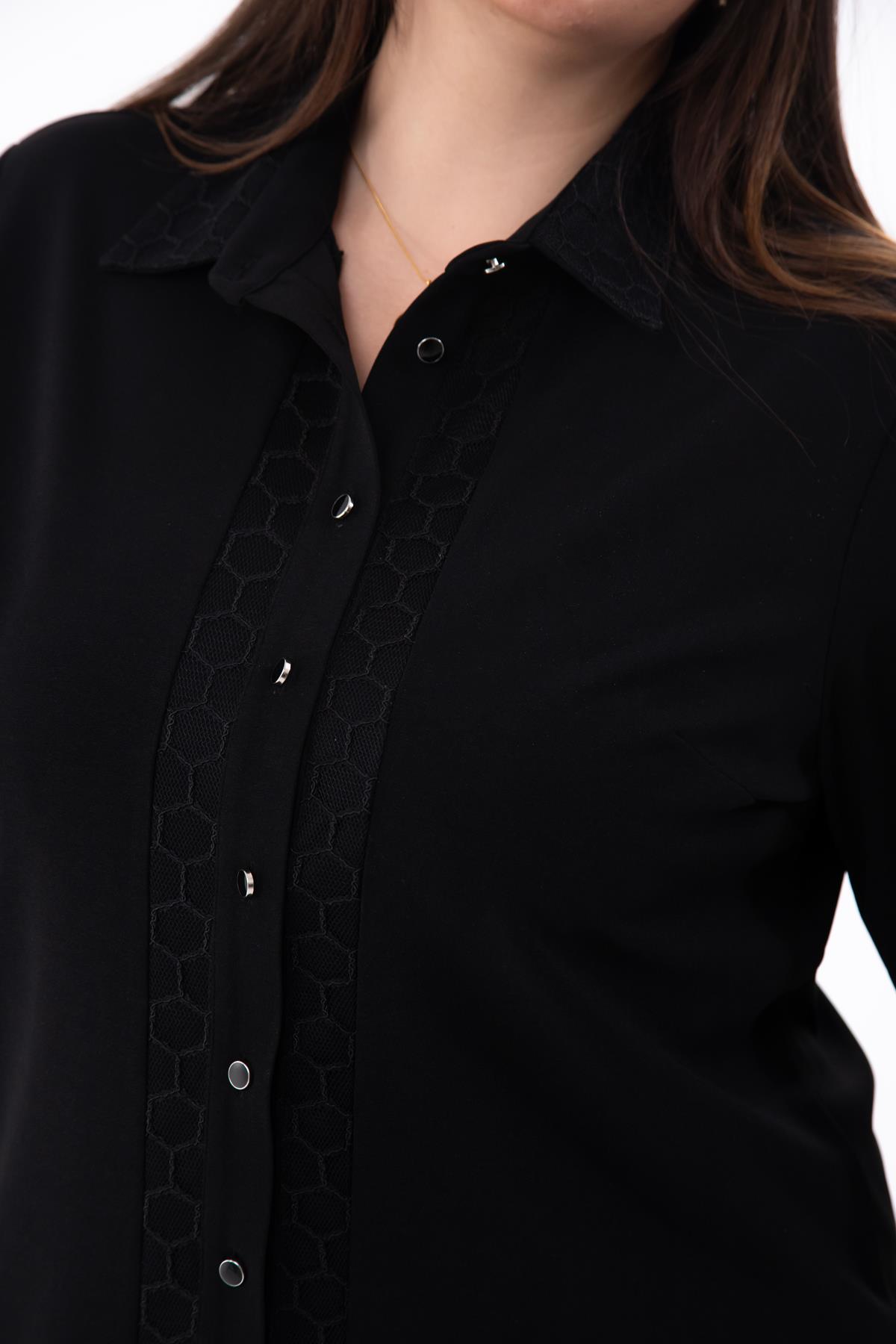 Büyük Beden 1211018 File Detaylı Gömlek Siyah