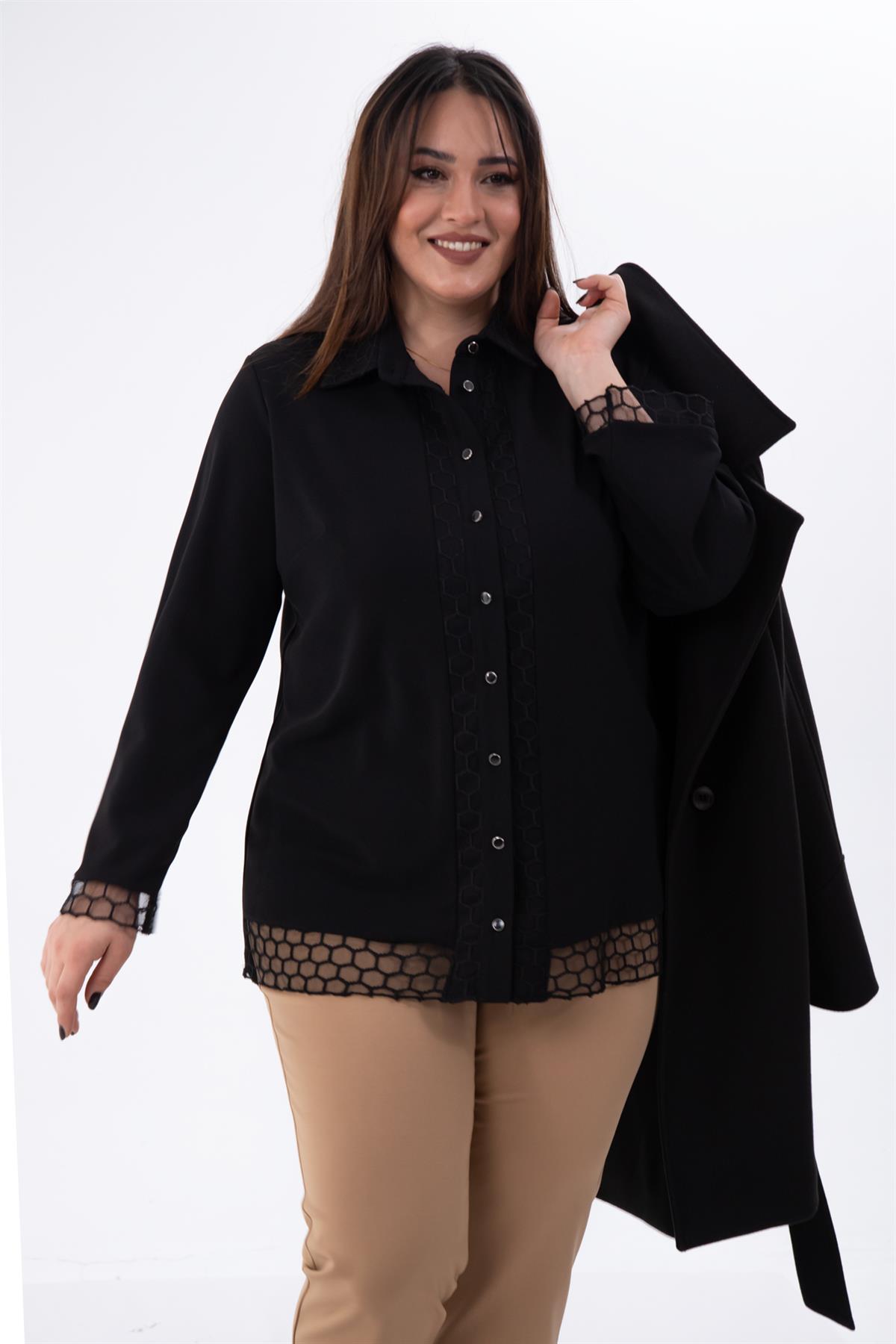 Büyük Beden 1211018 File Detaylı Gömlek Siyah