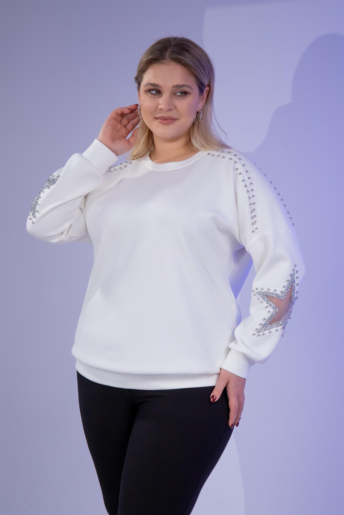 Büyük Beden 1211027 Yıldız Taşlı Sweat  Beyaz